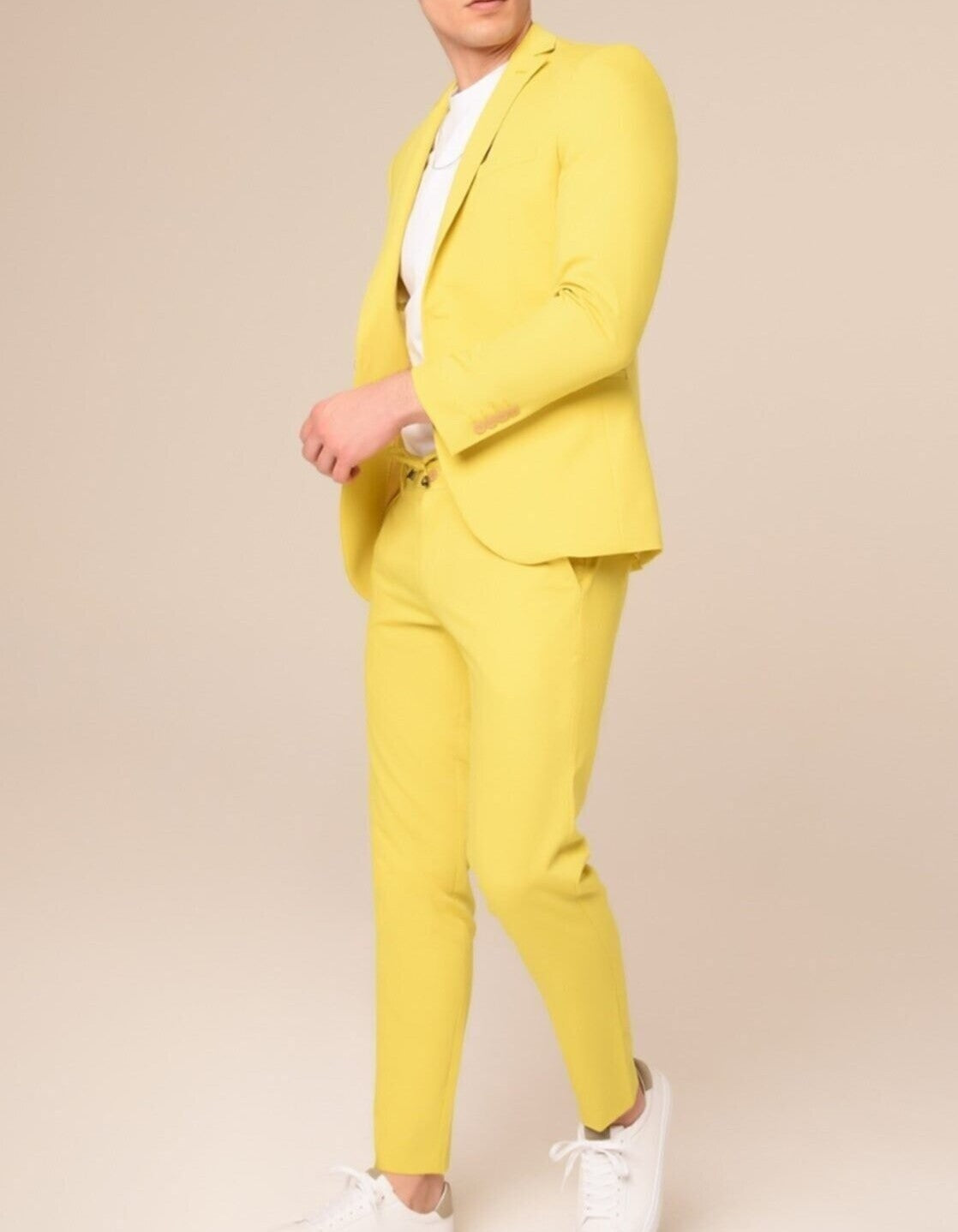 Notch Collar Single Button Double Slit Slim Fit Two Pieces Plain Yellow Men's Suit