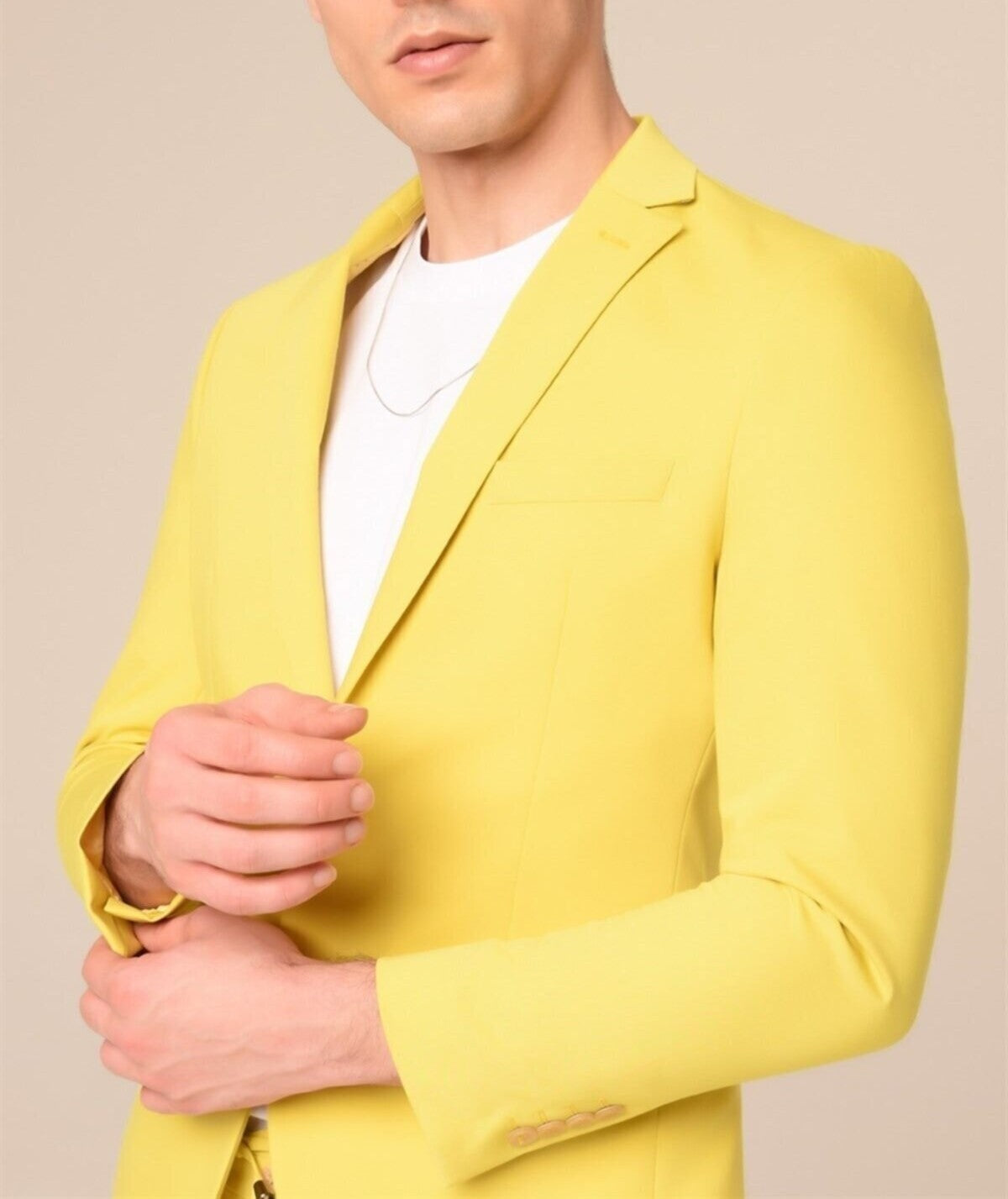Notch Collar Single Button Double Slit Slim Fit Two Pieces Plain Yellow Men's Suit