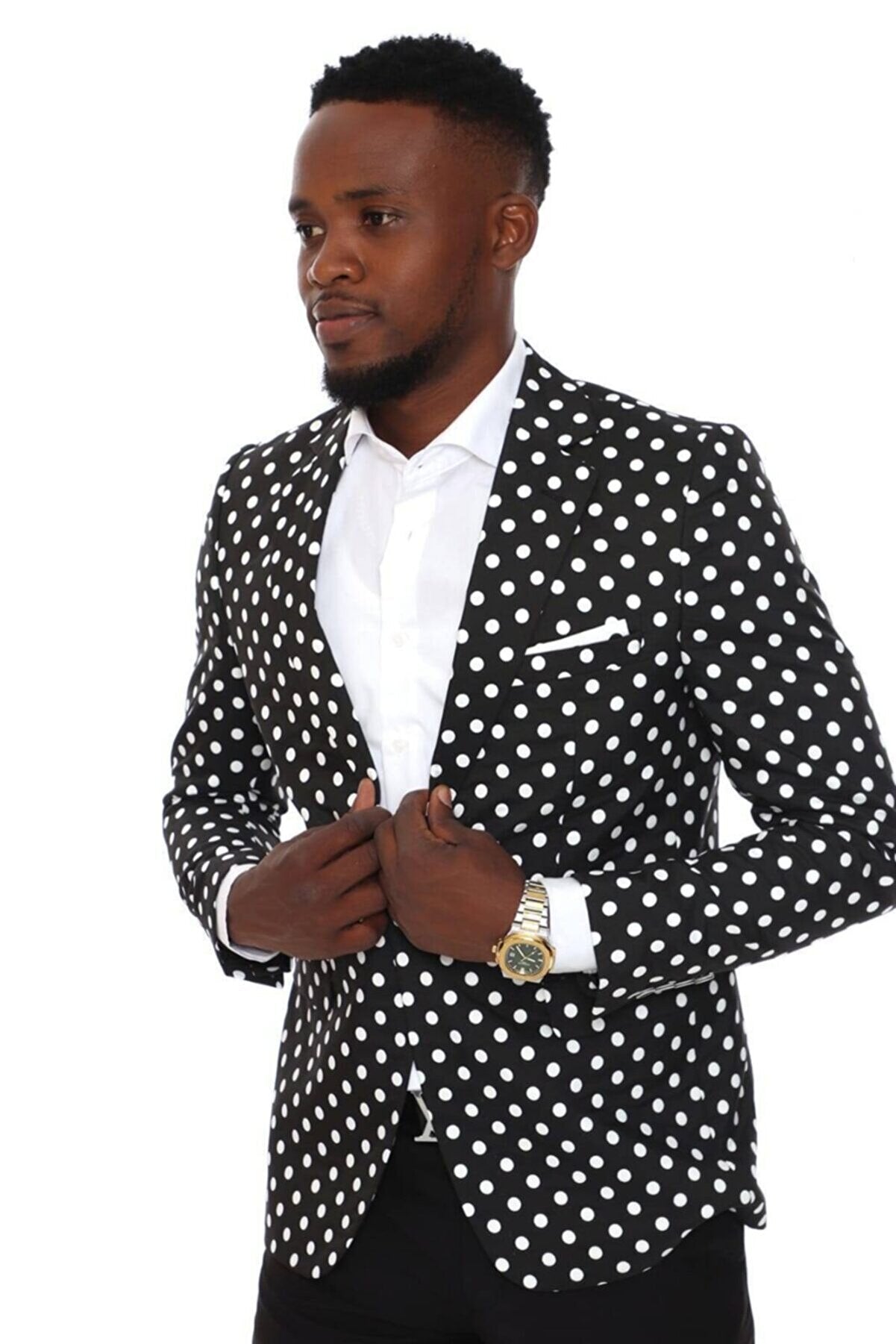 Notch Collar Polka Dot Patterned Slim Fit Black Single Button Men's Blazer