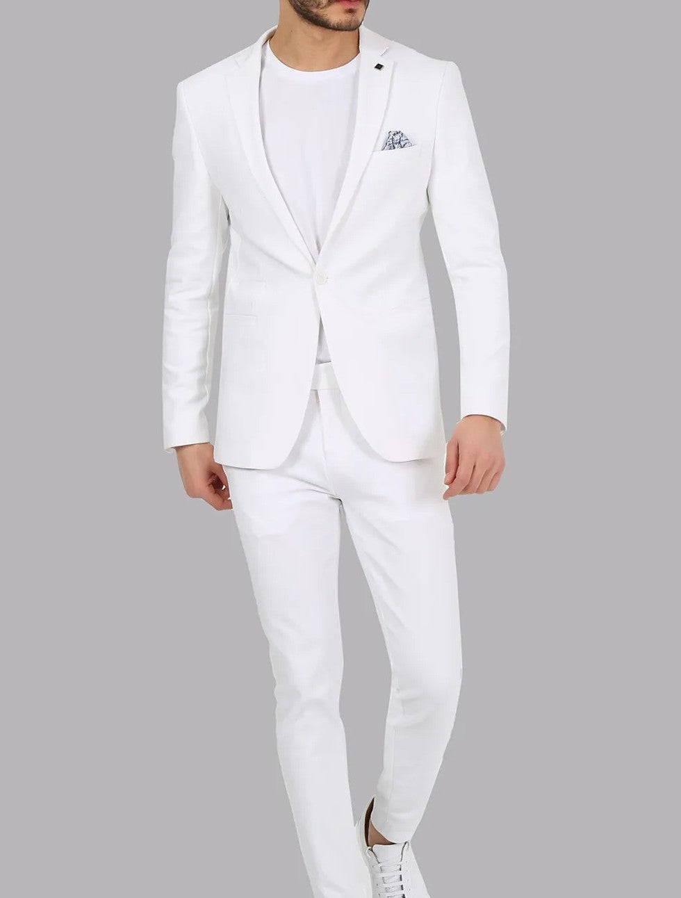 Notch Collar Single Button Double Slit Slim Fit Two Pieces Plain White Men's Suit