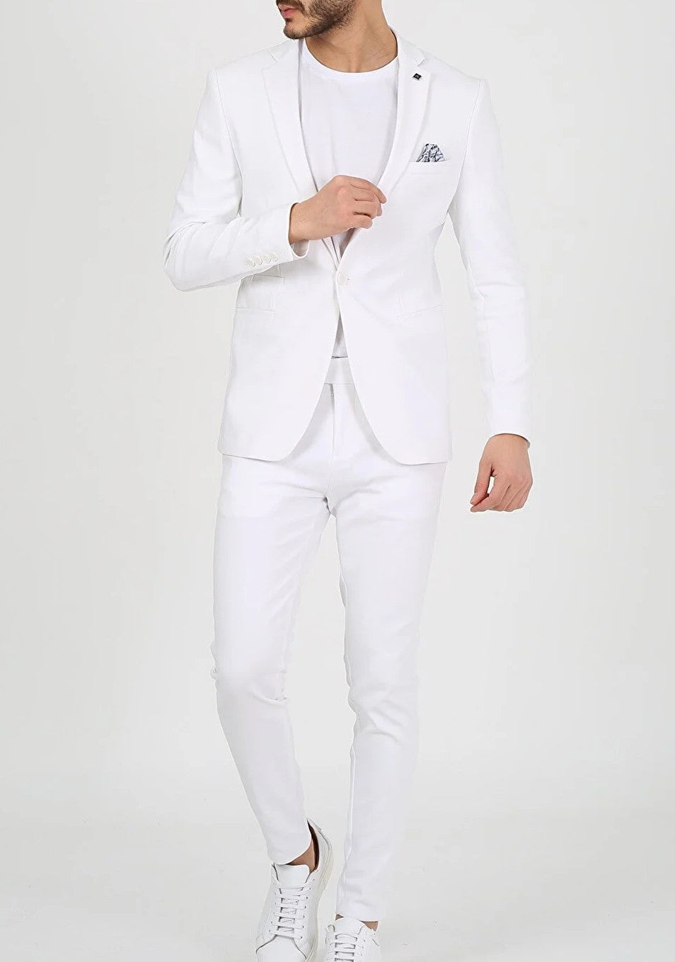 Notch Collar Single Button Double Slit Slim Fit Two Pieces Plain White Men's Suit