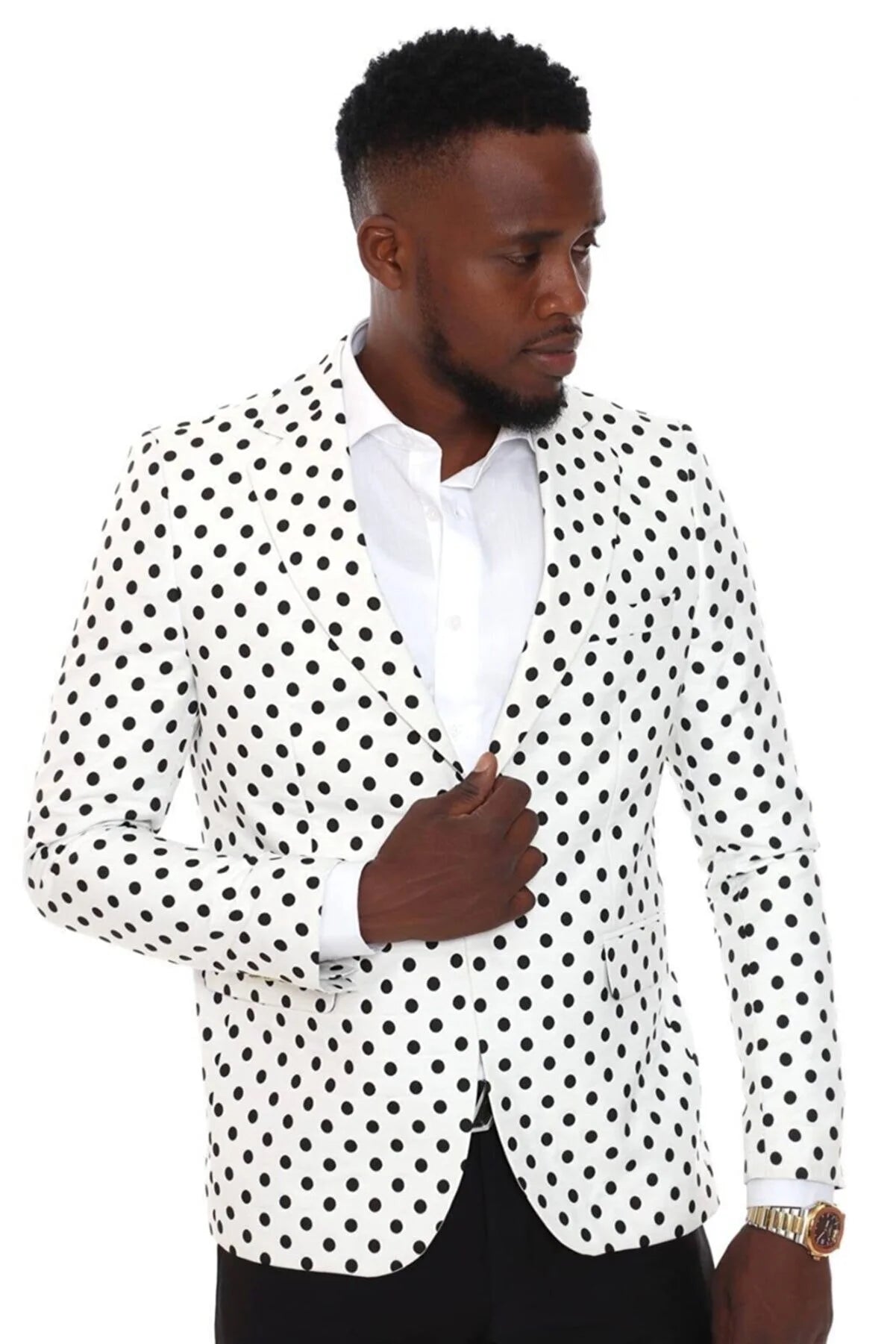 Notch Collar Polka Dot Patterned Slim Fit Black Single Button Men's Blazer