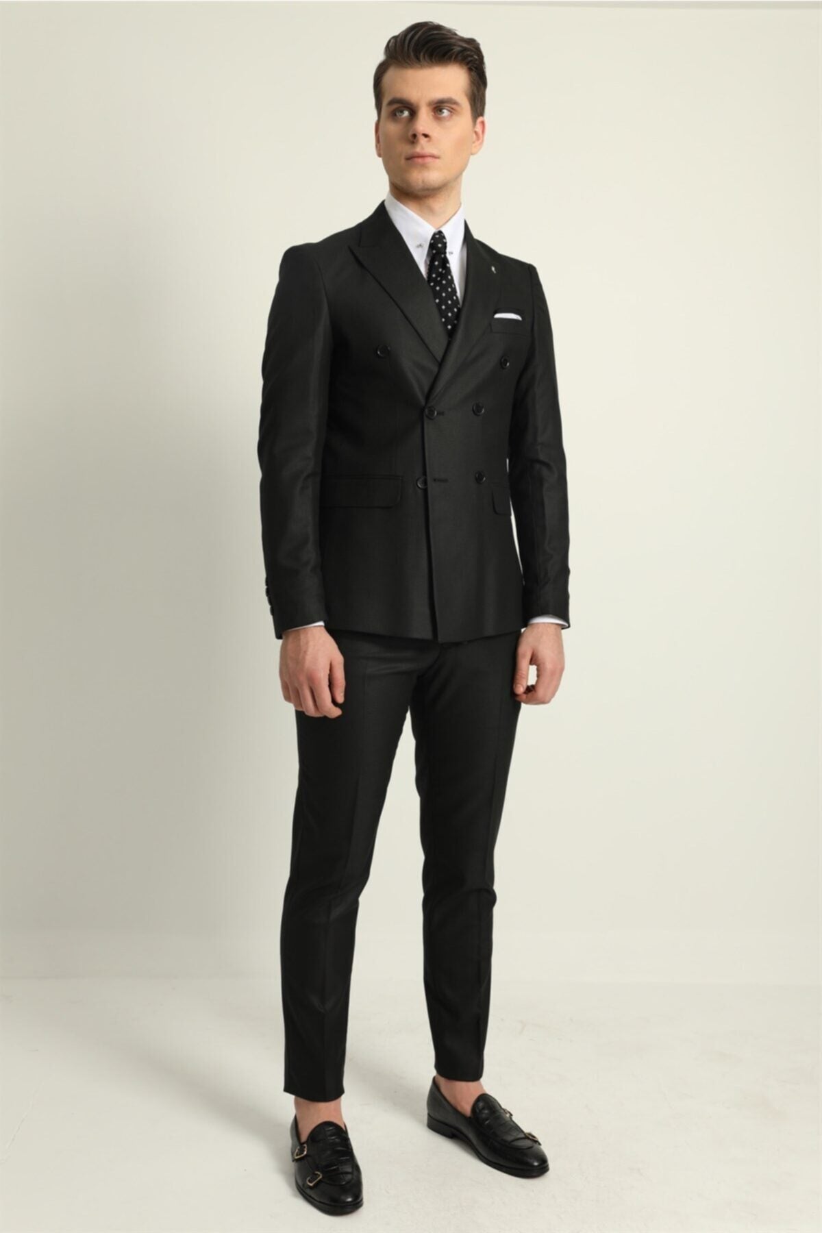 Pointed Collar Double Slit Slim Fit Two Pieces Plain Black Double Breasted Men's Suit