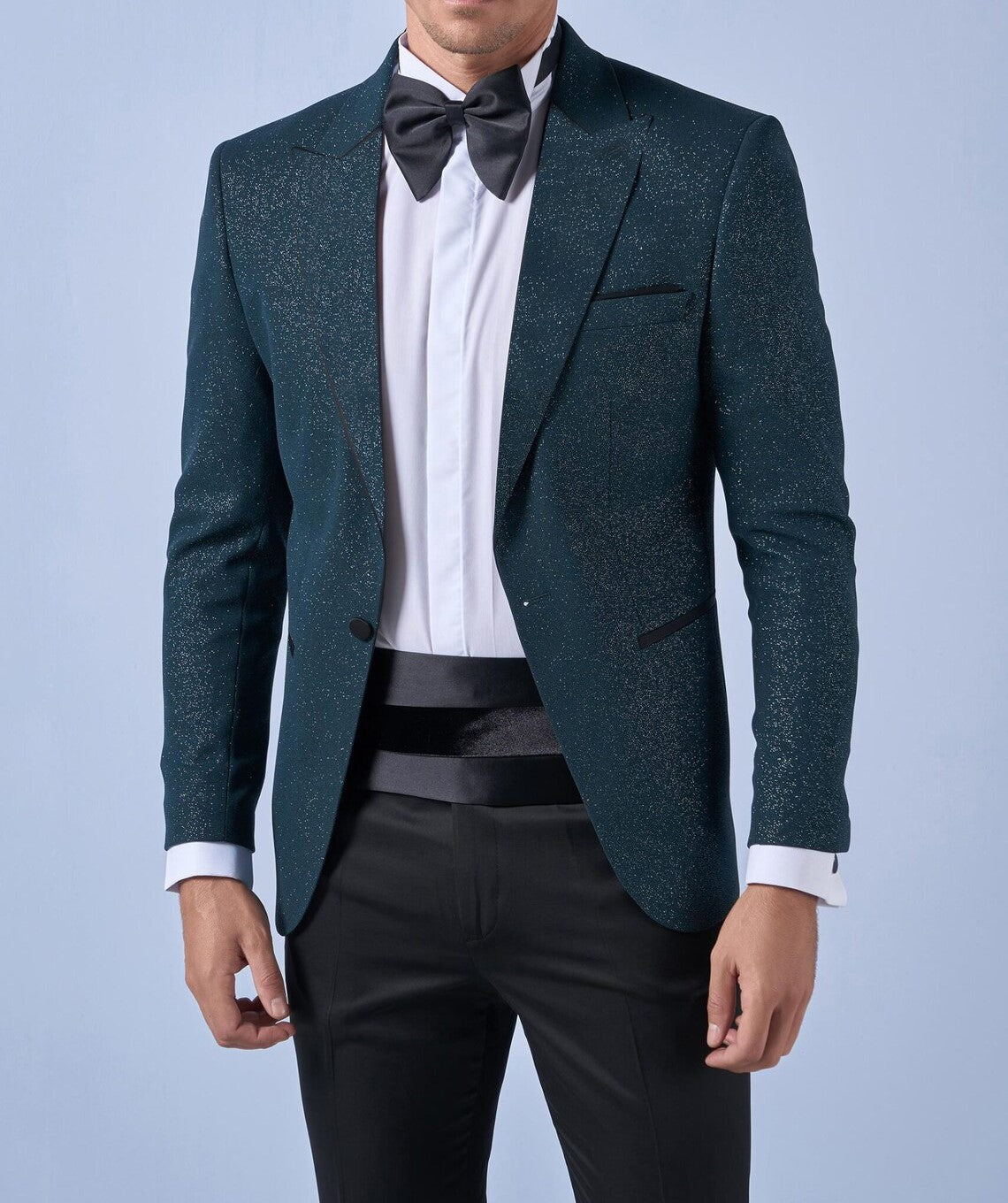 Pointed Collar One Button Double Slit Three Pieces Plain Green Slim Fit Sequin Tuxedo Luxury Suit