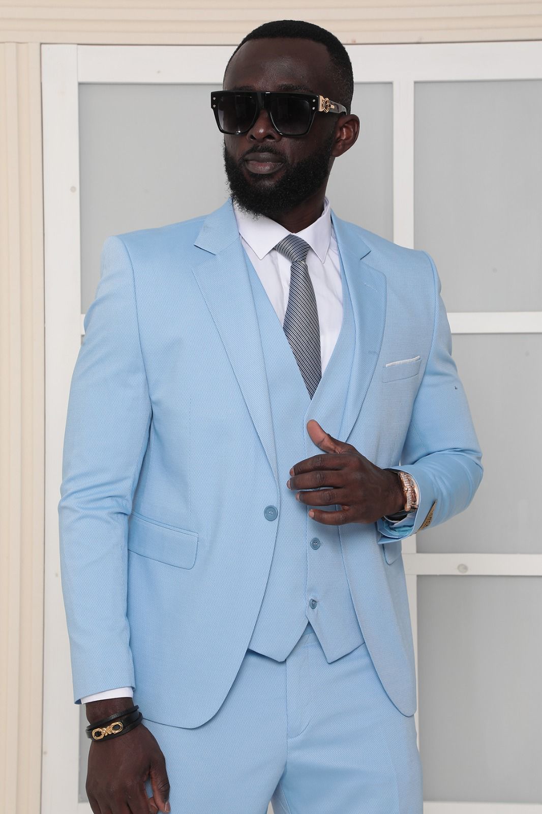 Three Pieces Notch Collar Slim Fit Plain Black Men's Suit