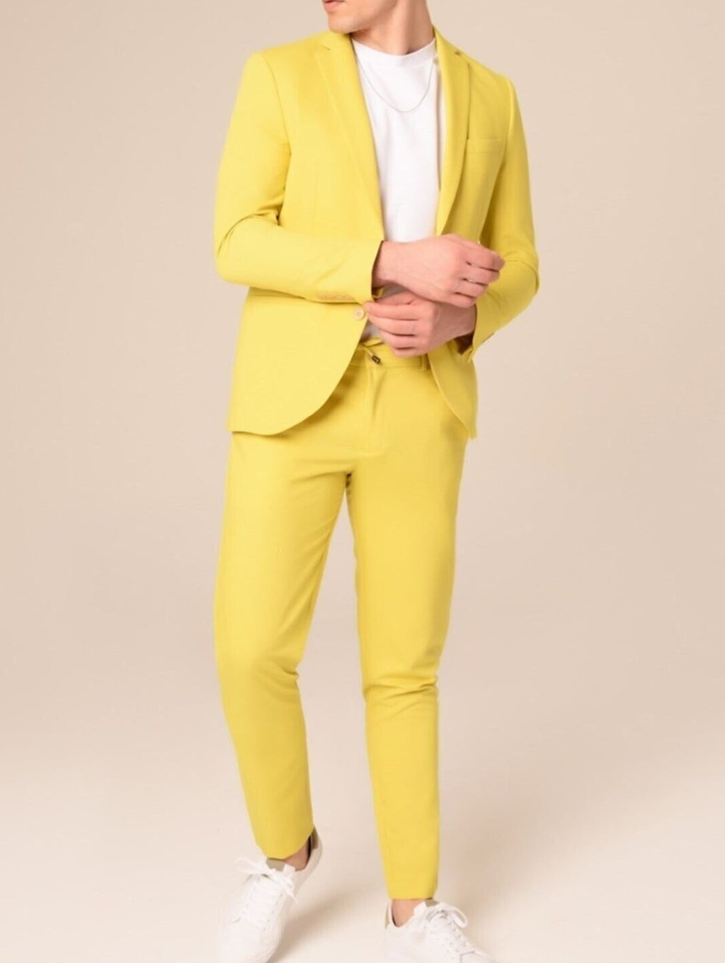 Notch Collar Single Button Double Slit Slim Fit Two Pieces Plain Yellow Men's Suit