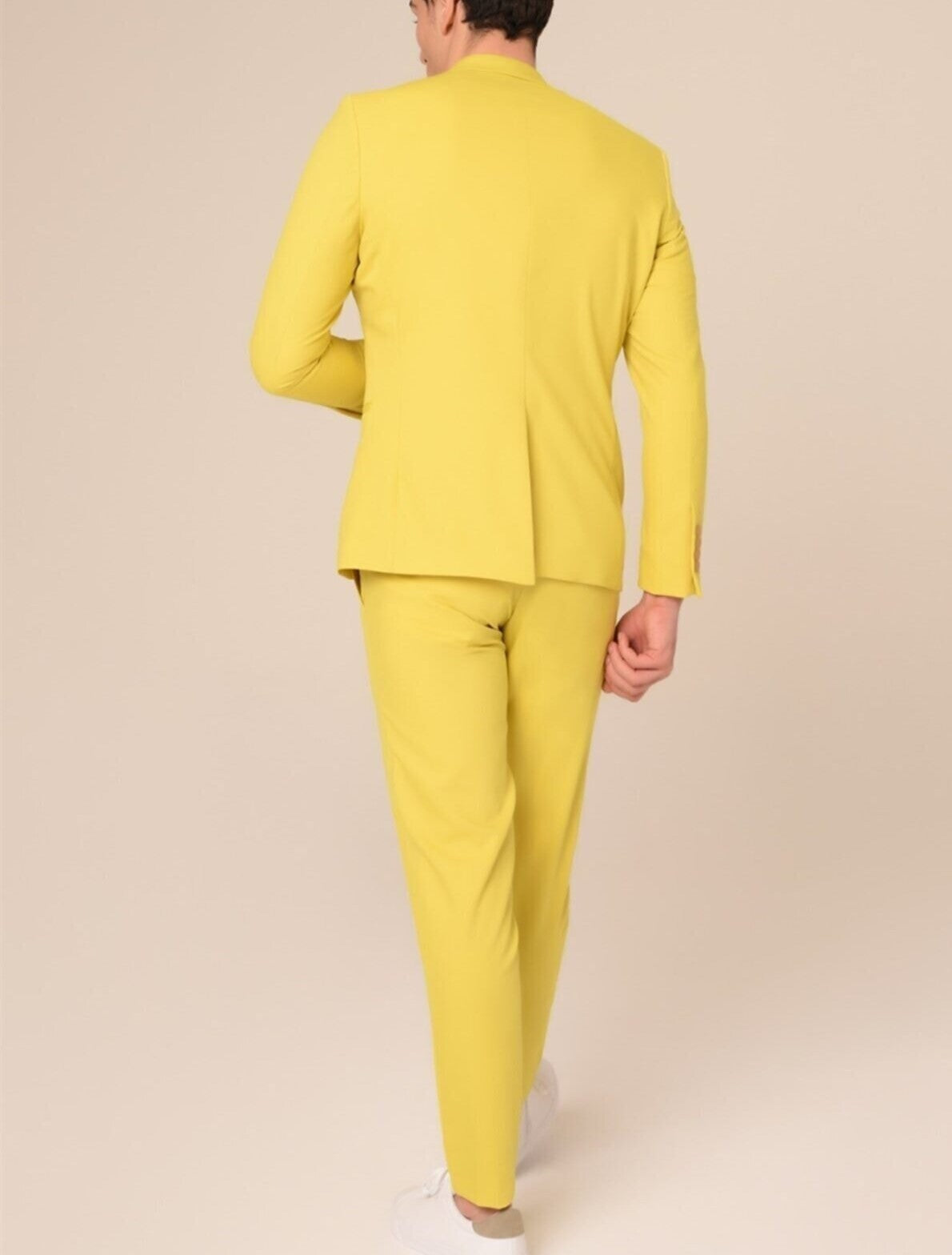 Notch Collar Single Button Double Slit Slim Fit Two Pieces Plain Yellow Men's Suit