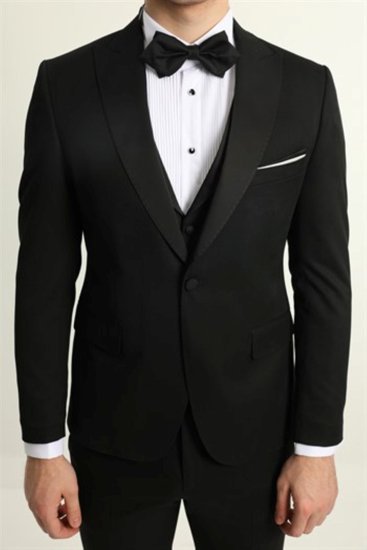 Pointed Collar One Button Double Slit Three Pieces Plain Black Slim Fit Tuxedo Luxury Suit
