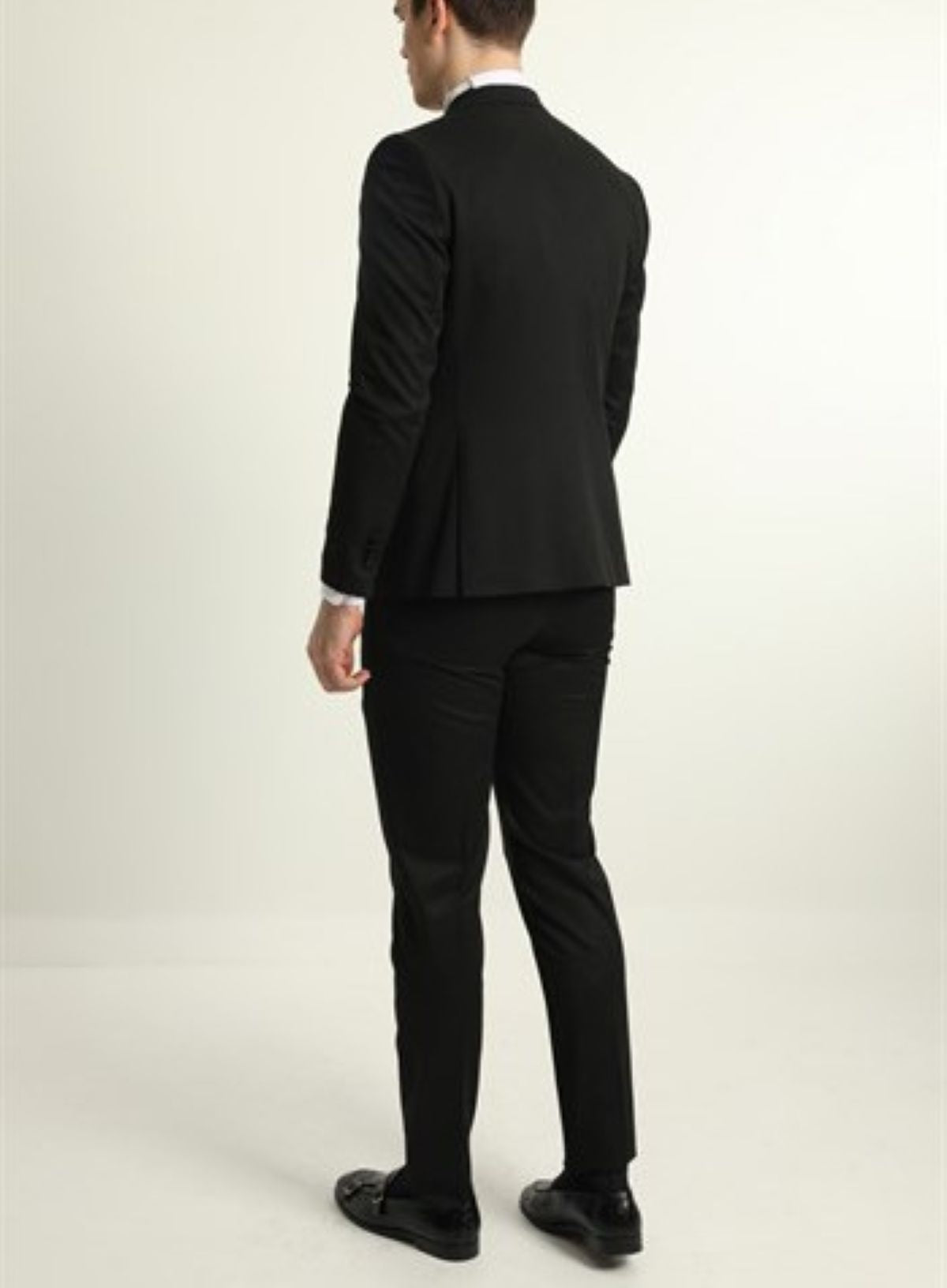 Pointed Collar One Button Double Slit Three Pieces Plain Black Slim Fit Tuxedo Luxury Suit