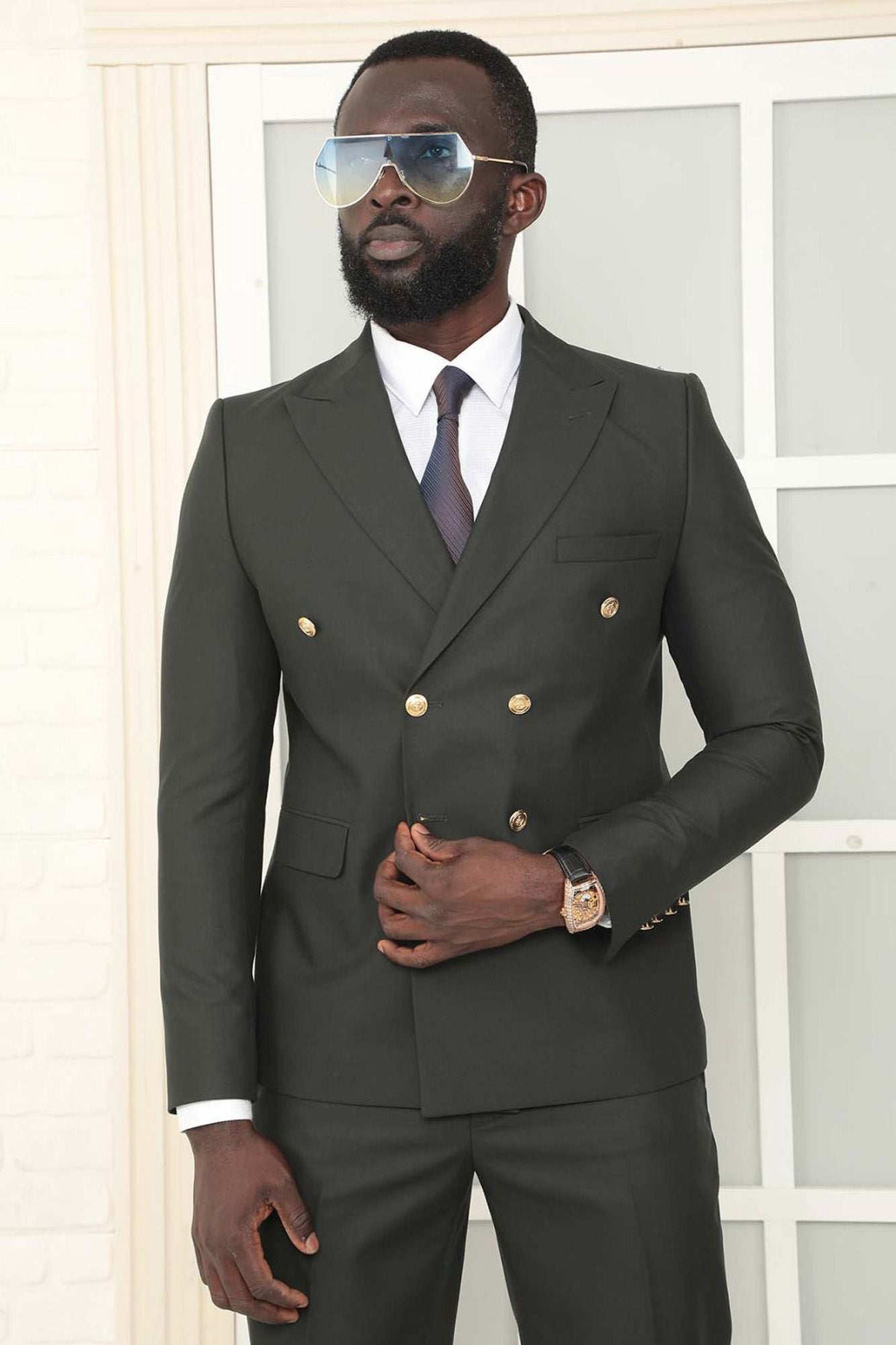 Metal Button Slim Fit Plain Black Two Pieces Double Breasted Men's Suit