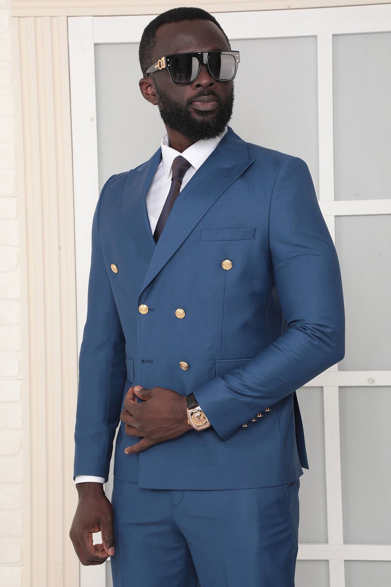 Metal Button Slim Fit Plain Black Two Pieces Double Breasted Men's Suit