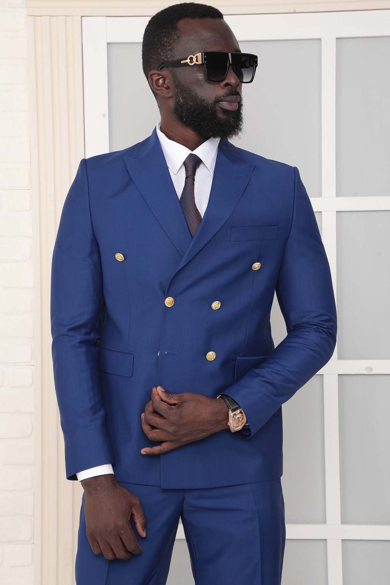 Metal Button Slim Fit Plain Blue Two Pieces Double Breasted Men's Suit