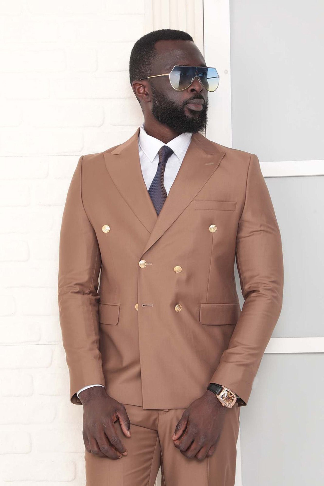 Metal Button Slim Fit Plain Blue Two Pieces Double Breasted Men's Suit