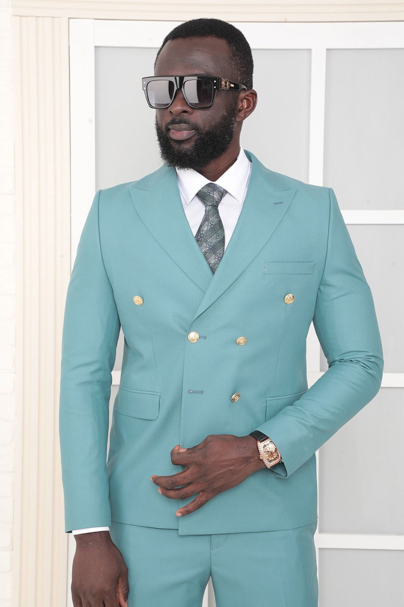 Metal Button Slim Fit Plain Blue Two Pieces Double Breasted Men's Suit