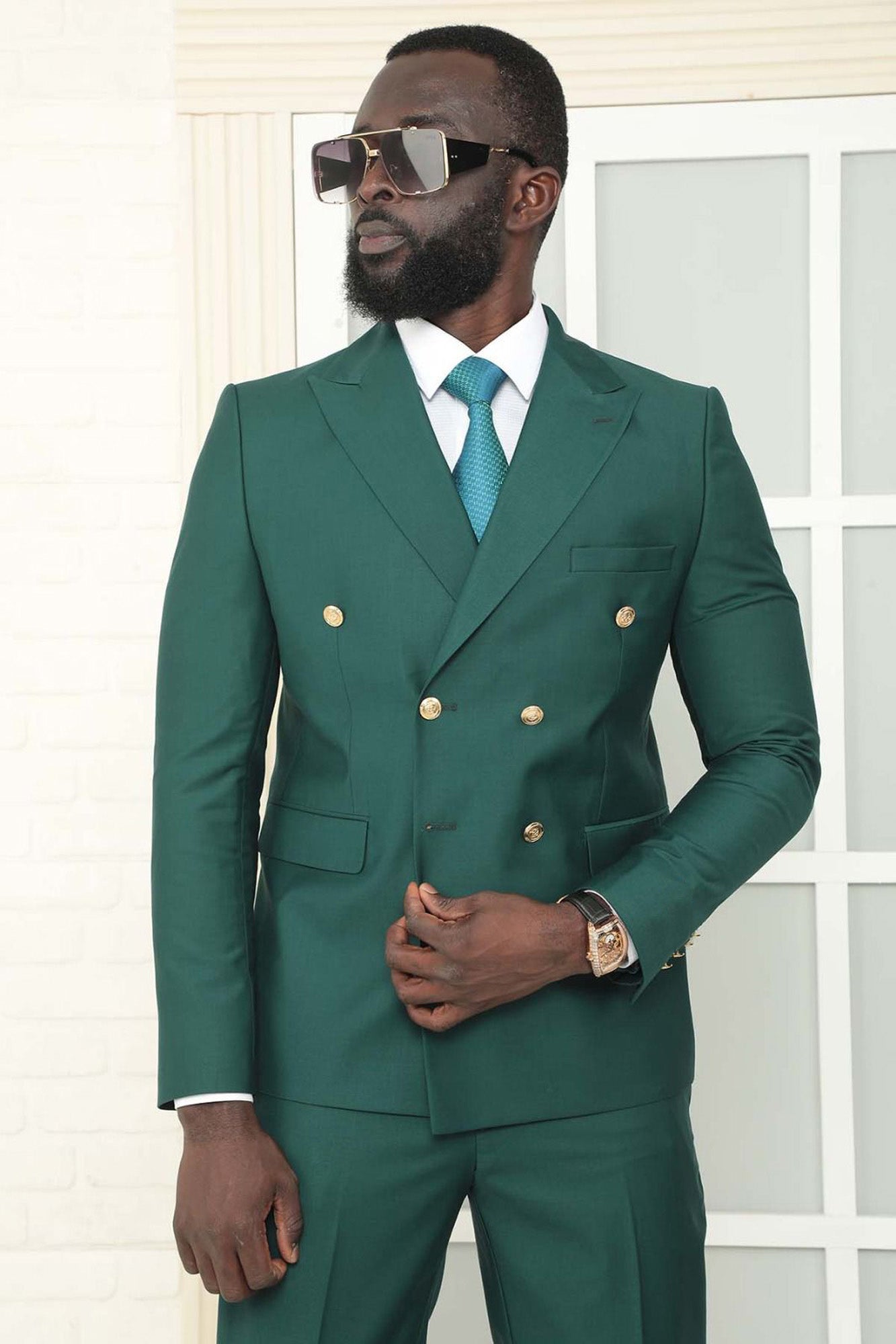 Metal Button Slim Fit Plain Black Two Pieces Double Breasted Men's Suit