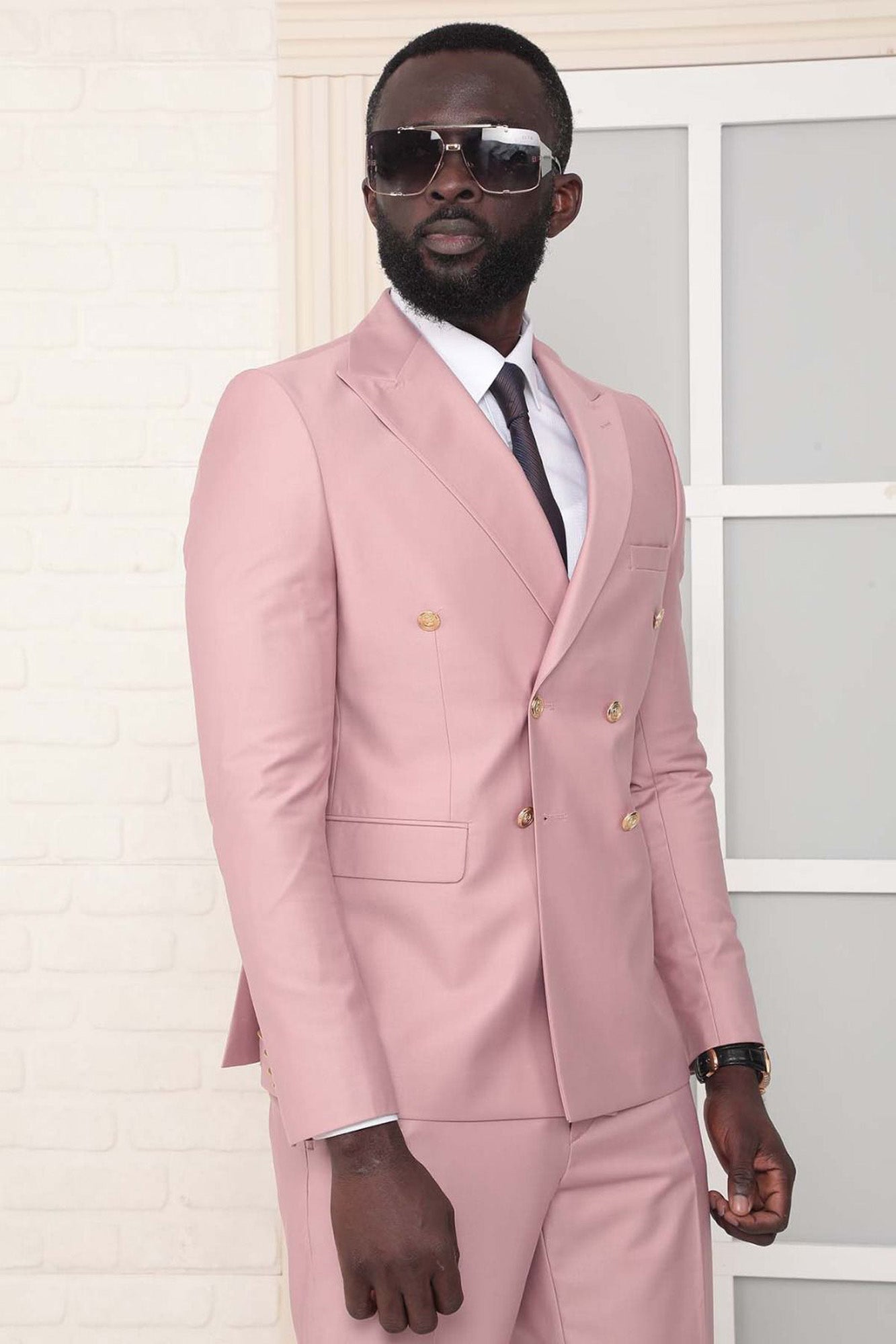 Metal Button Slim Fit Plain Blue Two Pieces Double Breasted Men's Suit