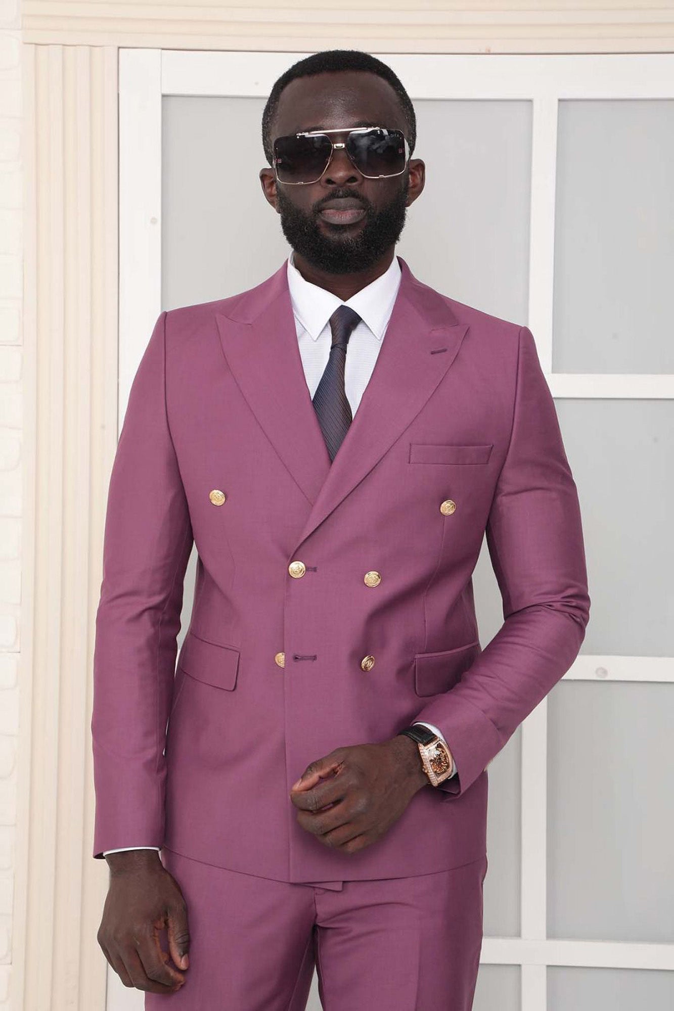 Metal Button Slim Fit Plain Blue Two Pieces Double Breasted Men's Suit