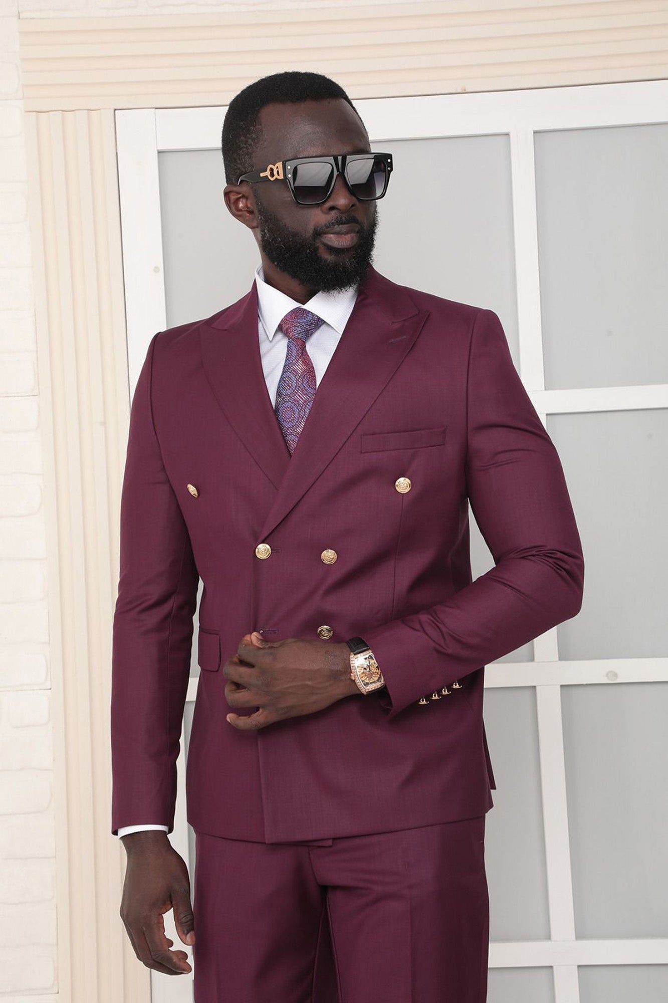 Metal Button Slim Fit Plain Black Two Pieces Double Breasted Men's Suit