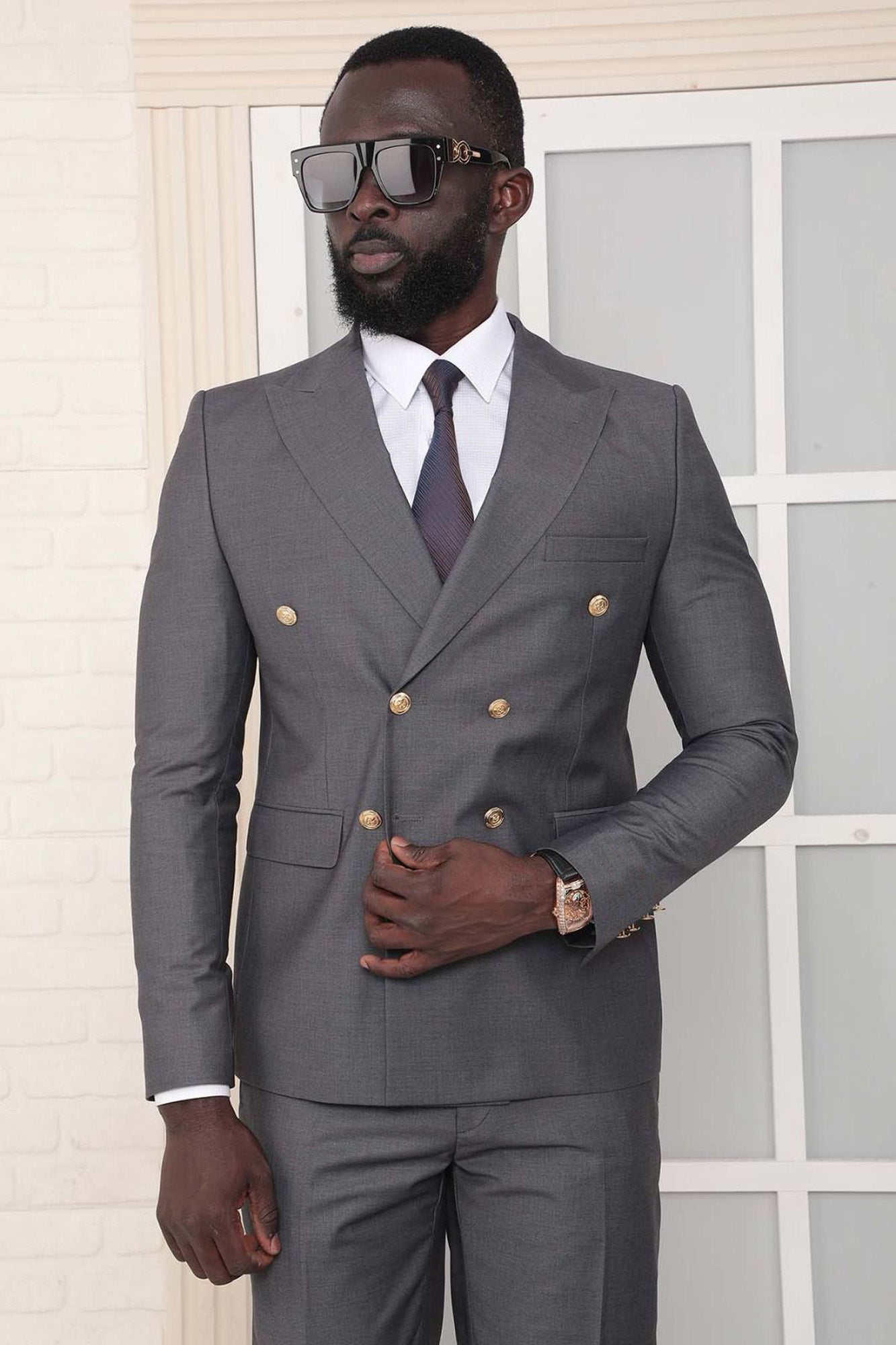 Metal Button Slim Fit Plain Dark Gray Two Pieces Double Breasted