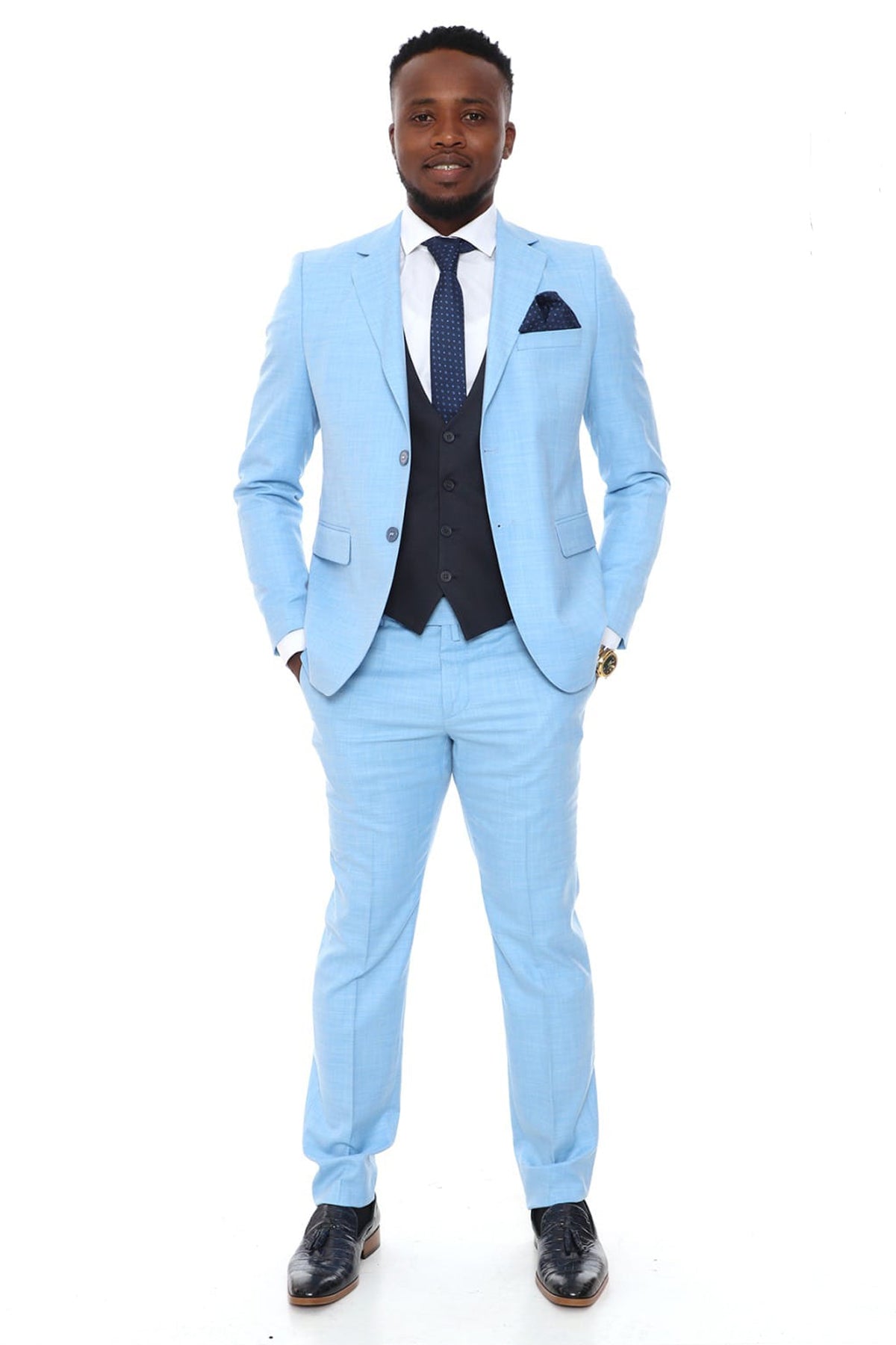 Mono Collar Two Button Double Slit Vest Combined Plain Light Blue Slim Fit Suit