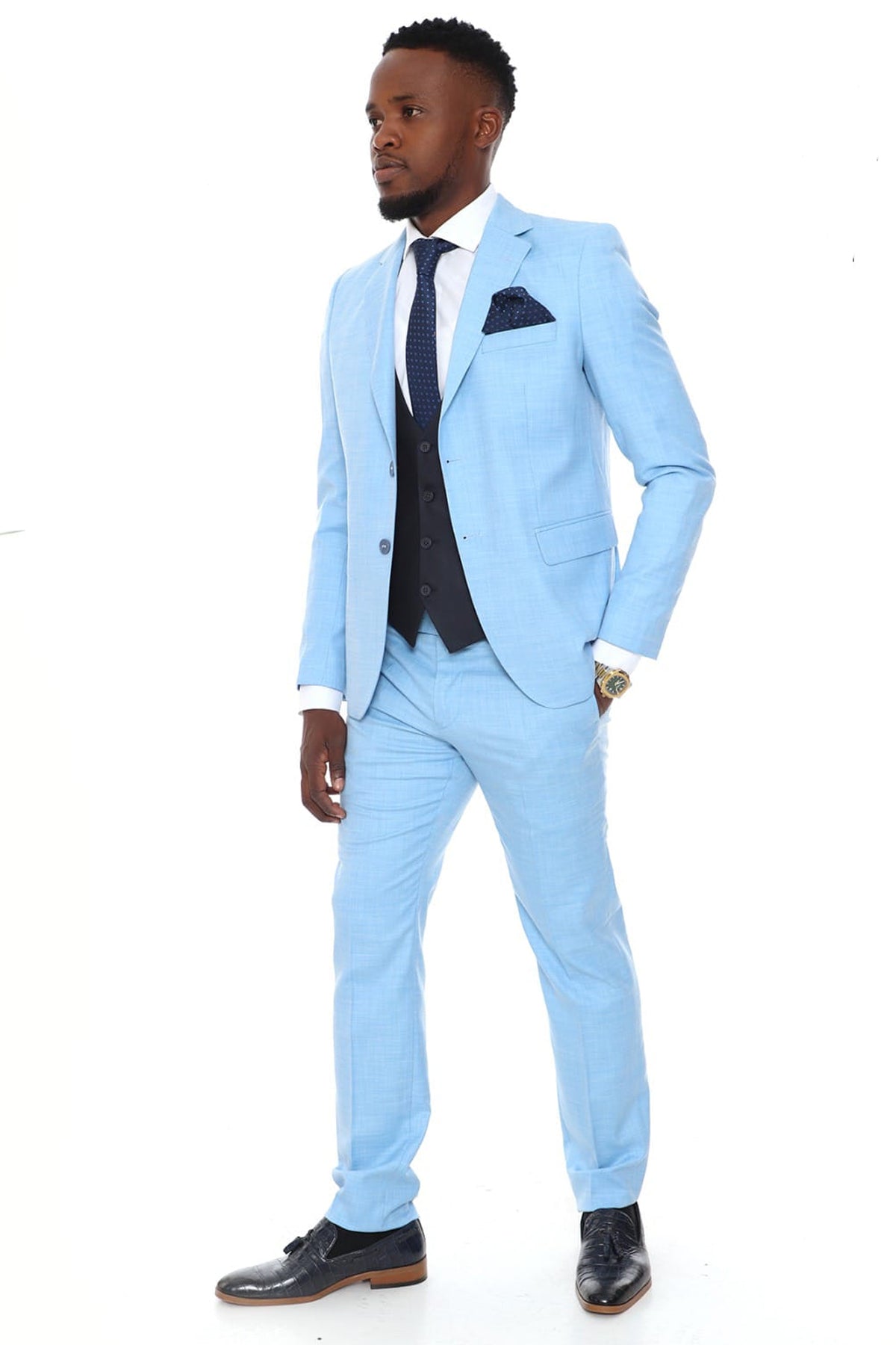 Mono Collar Two Button Double Slit Vest Combined Plain Light Blue Slim Fit Suit