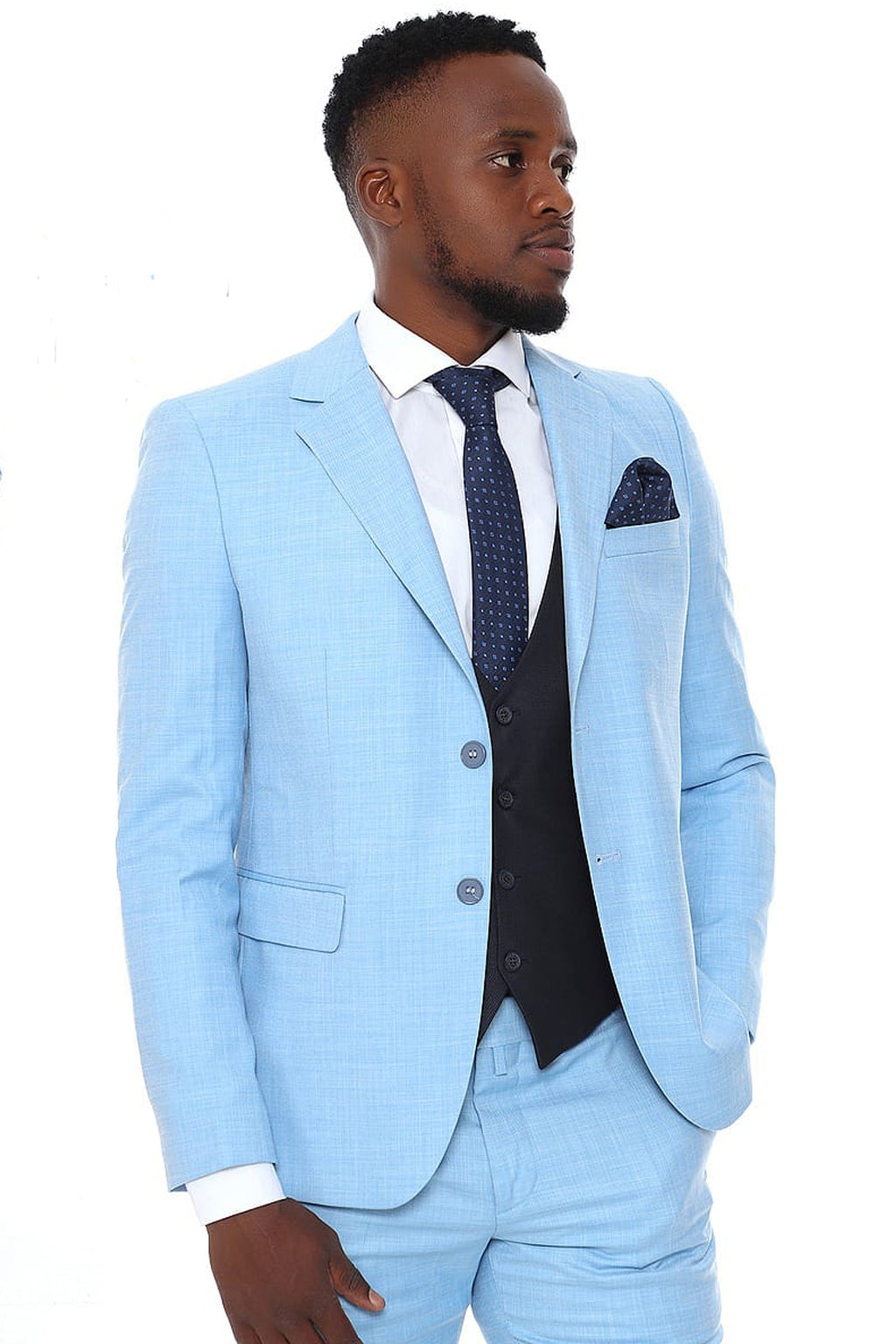 Mono Collar Two Button Double Slit Vest Combined Plain Light Blue Slim Fit Suit