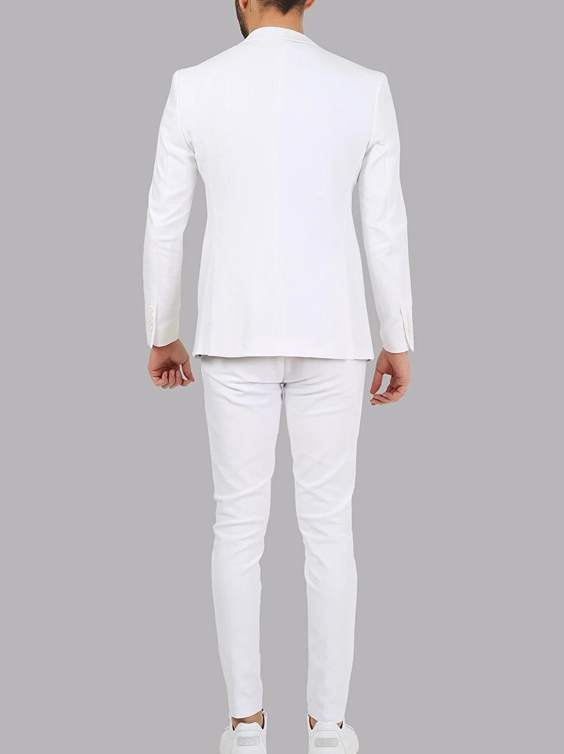 Notch Collar Single Button Double Slit Slim Fit Two Pieces Plain White Men's Suit