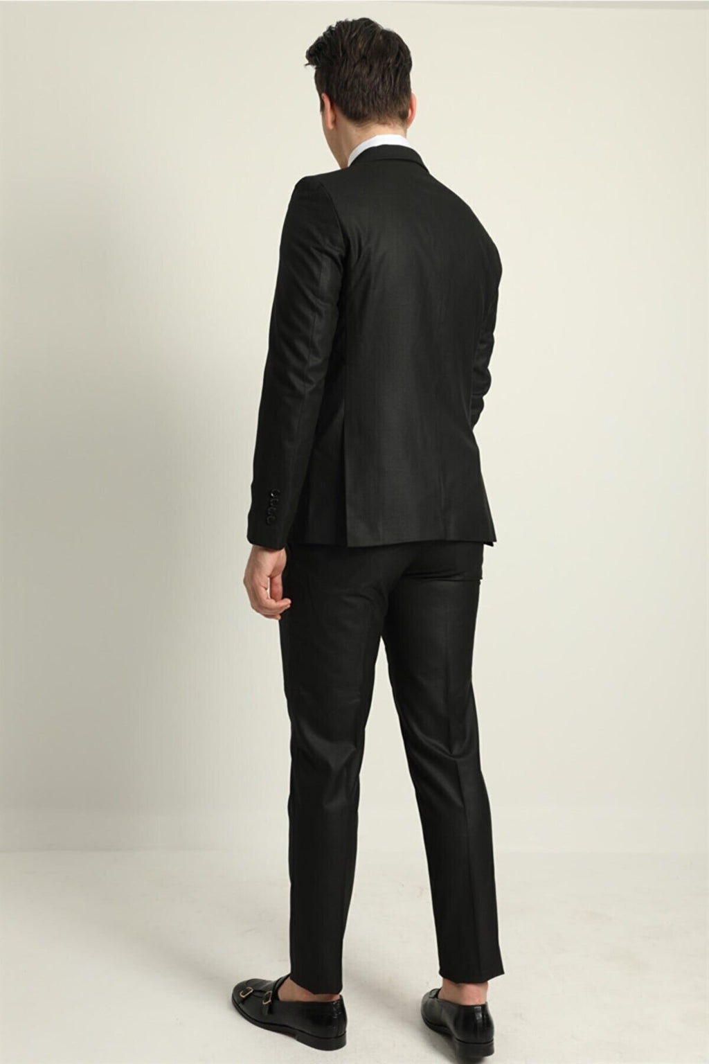 Pointed Collar Double Slit Slim Fit Two Pieces Plain Black Double Breasted Men's Suit