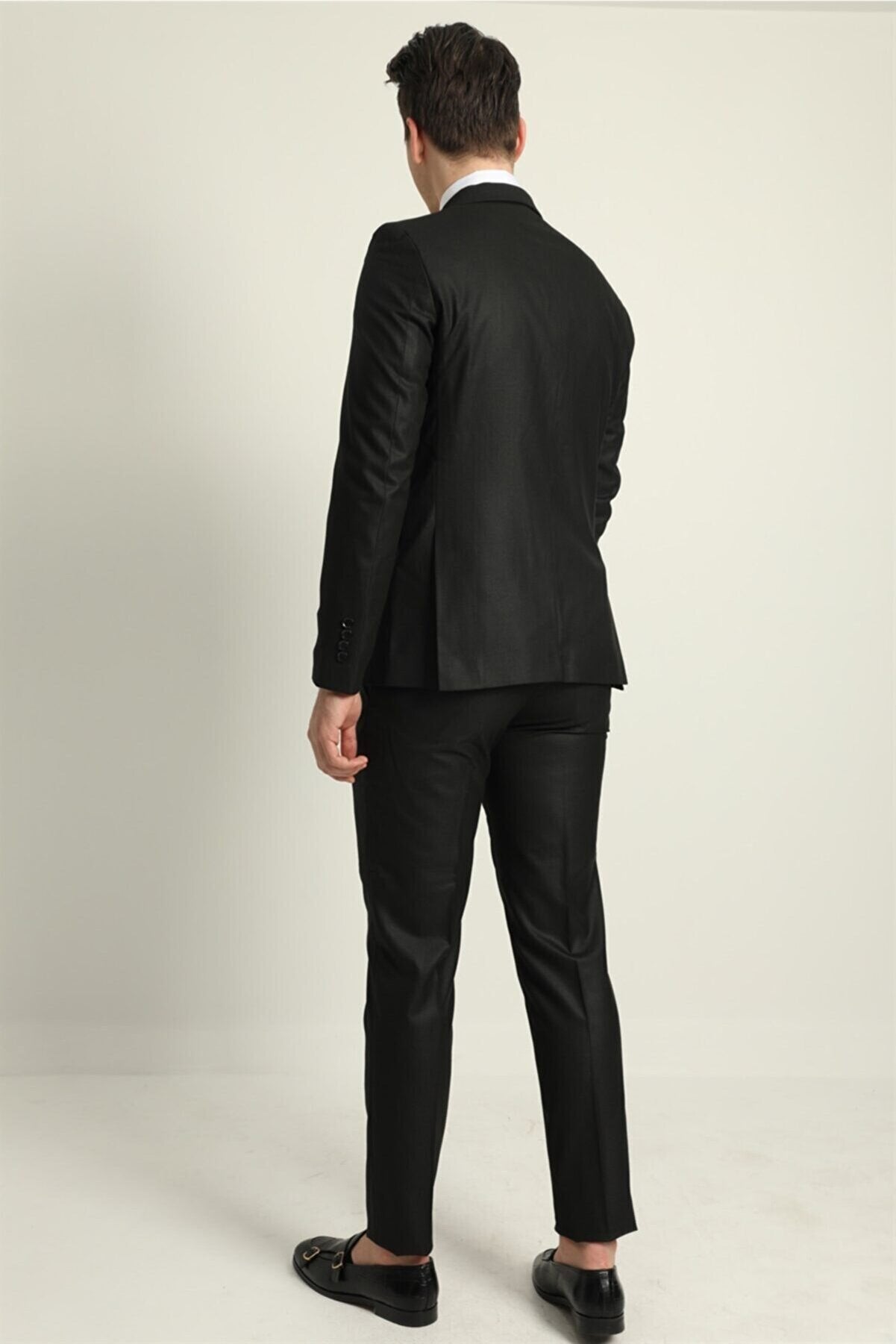 Pointed Collar Double Slit Slim Fit Two Pieces Plain Black Double Breasted Men's Suit