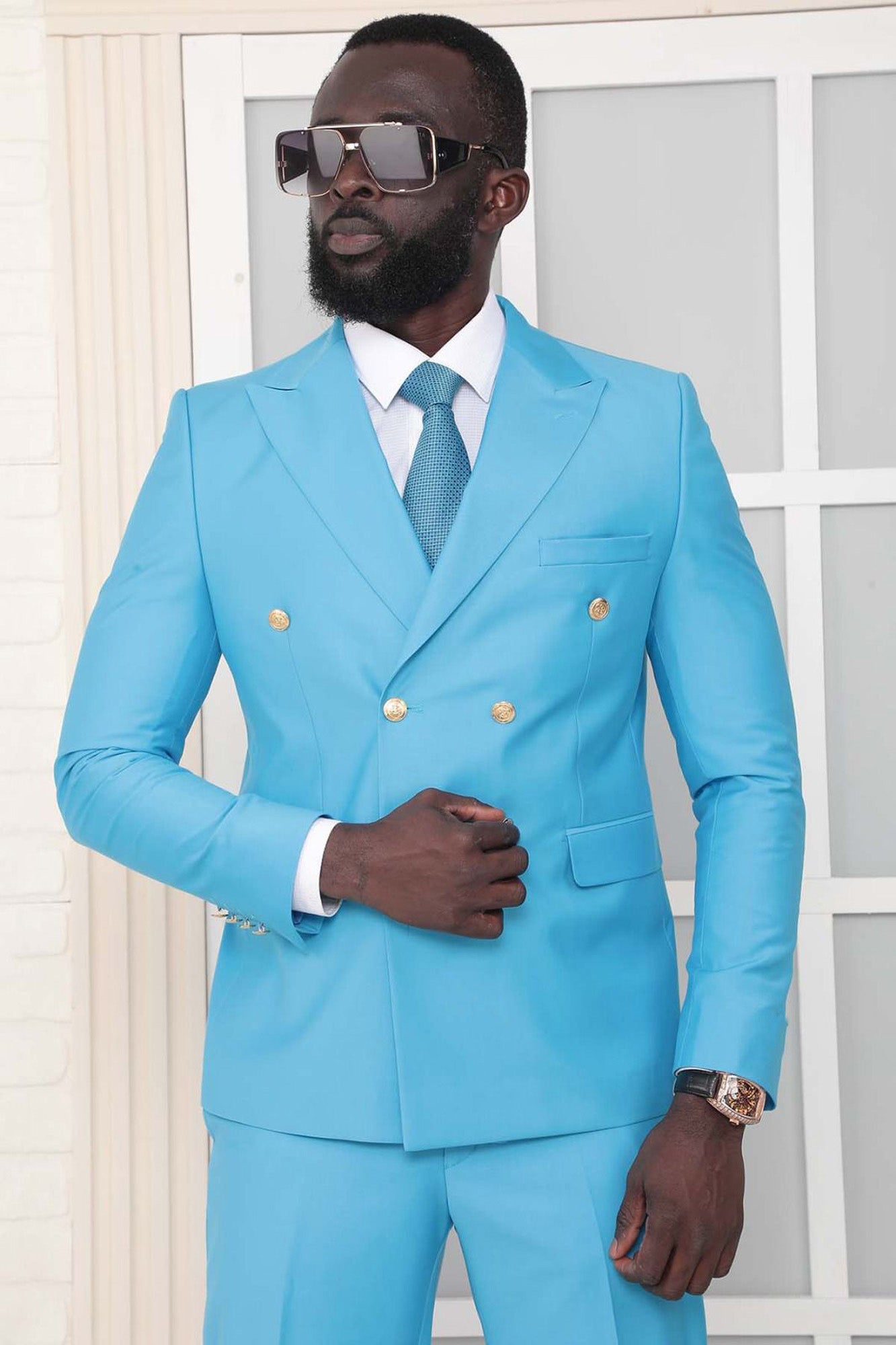 Metal Button Slim Fit Plain Purple Two Pieces Double Breasted Men's Suit