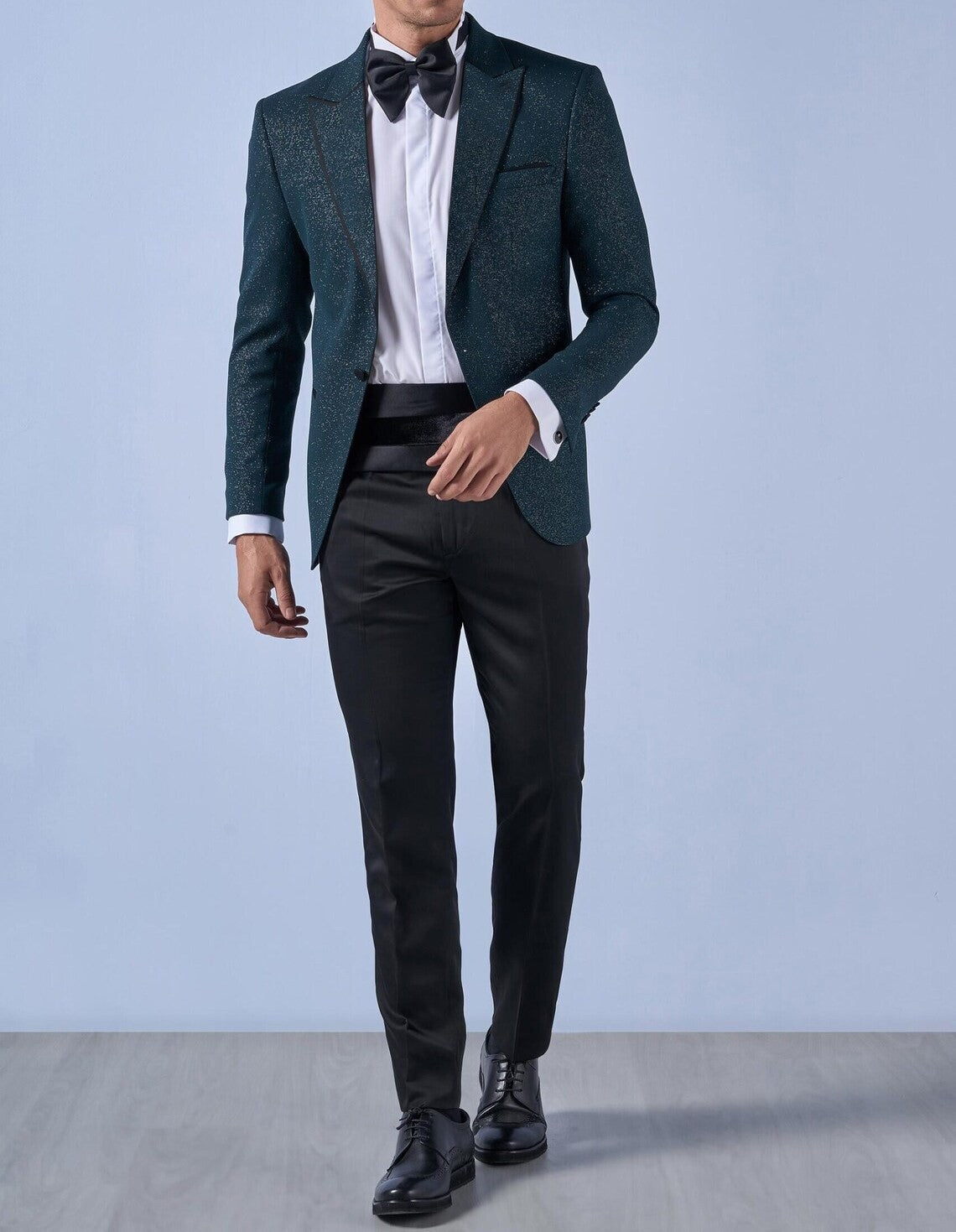 Pointed Collar One Button Double Slit Three Pieces Plain Green Slim Fit Sequin Tuxedo Luxury Suit