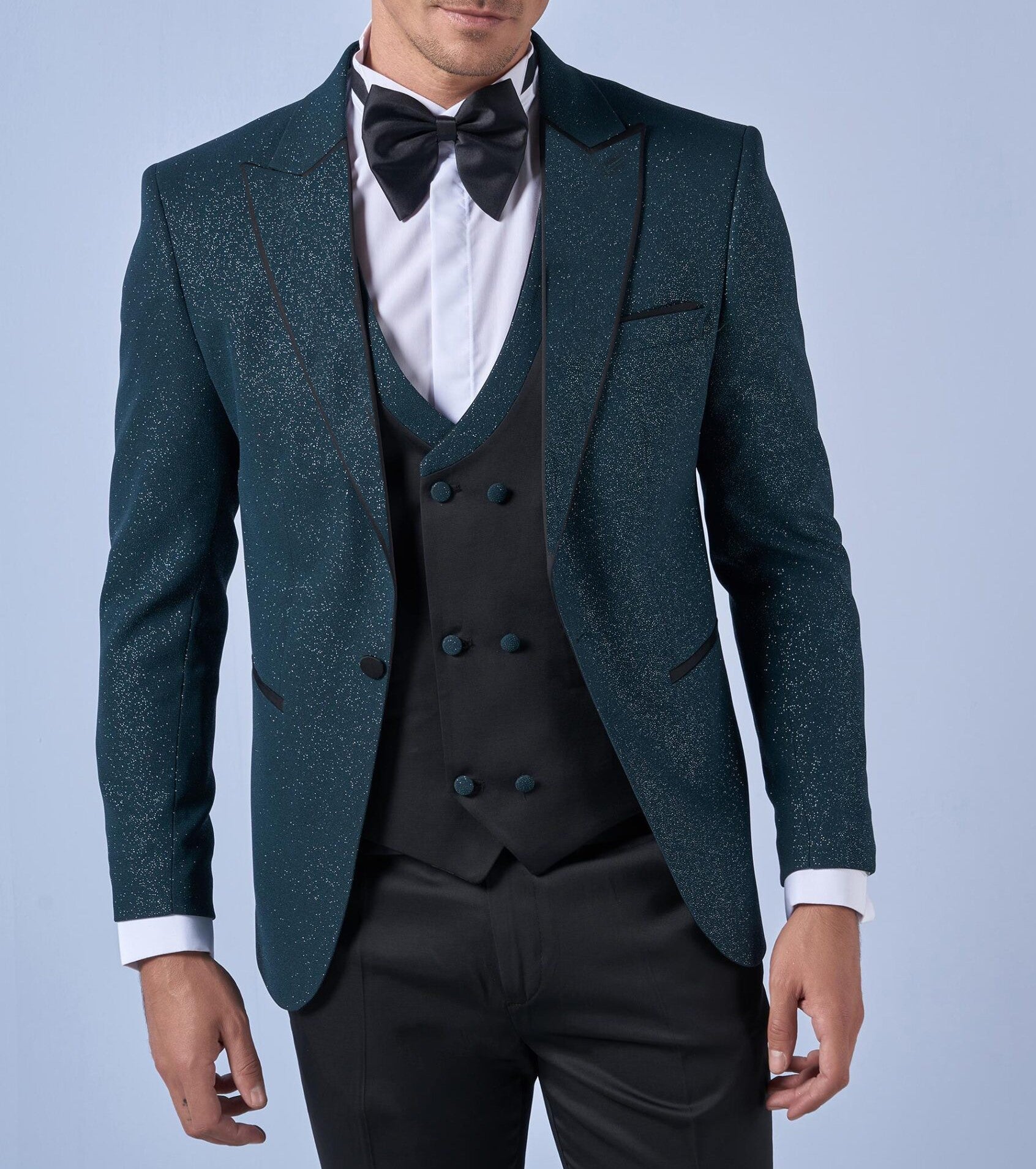 Pointed Collar One Button Double Slit Three Pieces Plain Green Slim Fit Sequin Tuxedo Luxury Suit