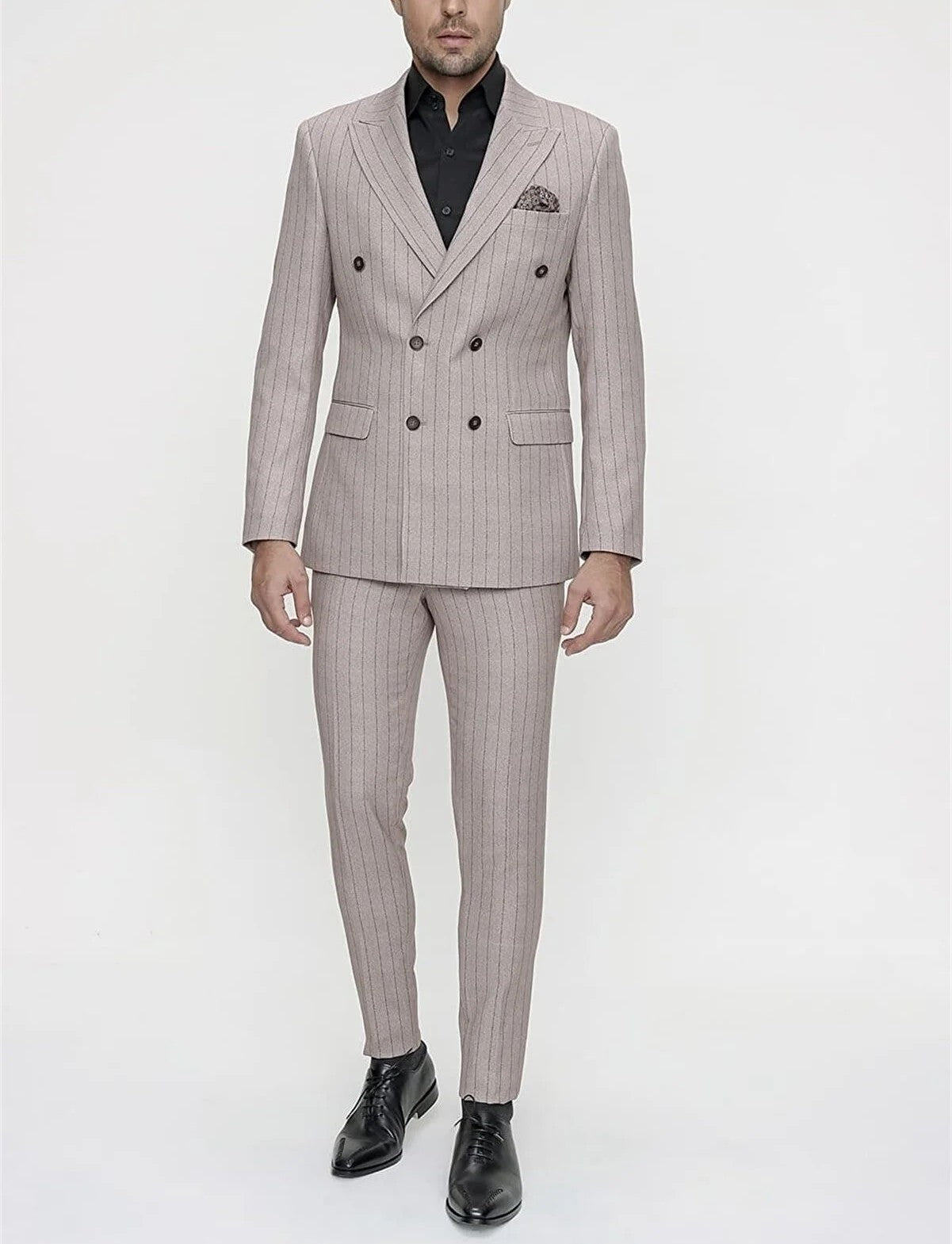 Pointed Collar Double Slit Slim Fit Striped Gray Double Breasted Men's Suit