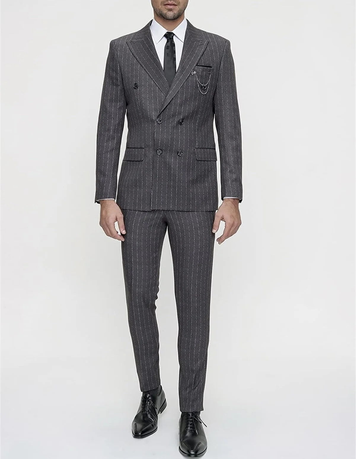 Pointed Collar Double Slit Slim Fit Striped Gray Double Breasted Men's Suit