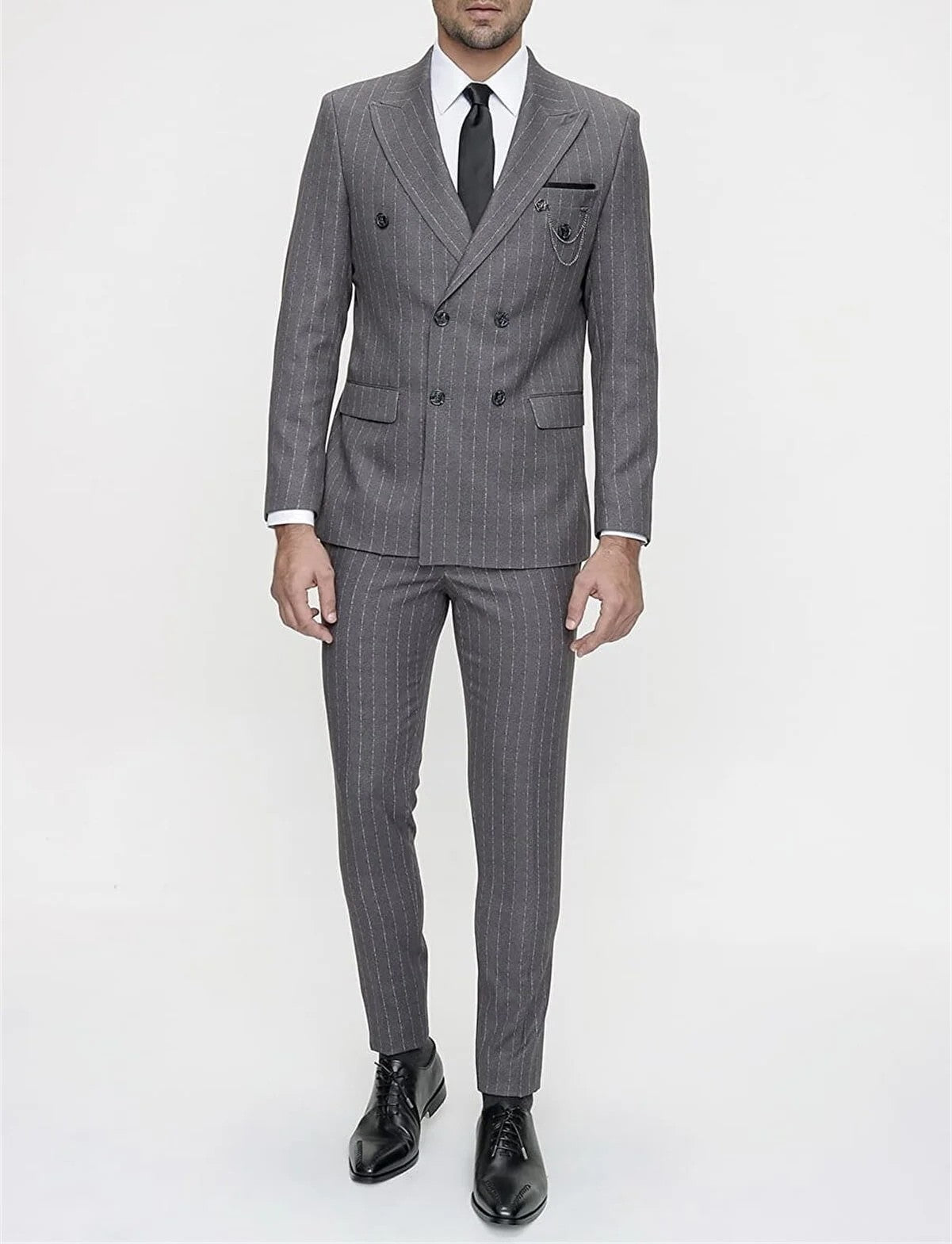 Pointed Collar Double Slit Slim Fit Striped Gray Double Breasted Men's Suit