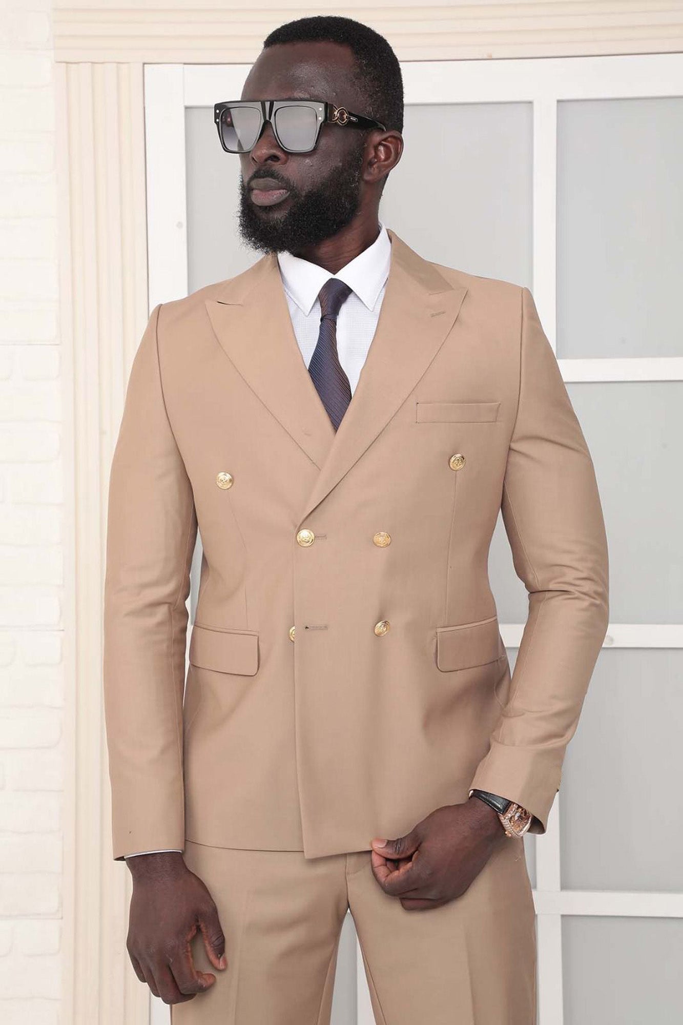 Metal Button Slim Fit Plain Purple Two Pieces Double Breasted Men's Suit