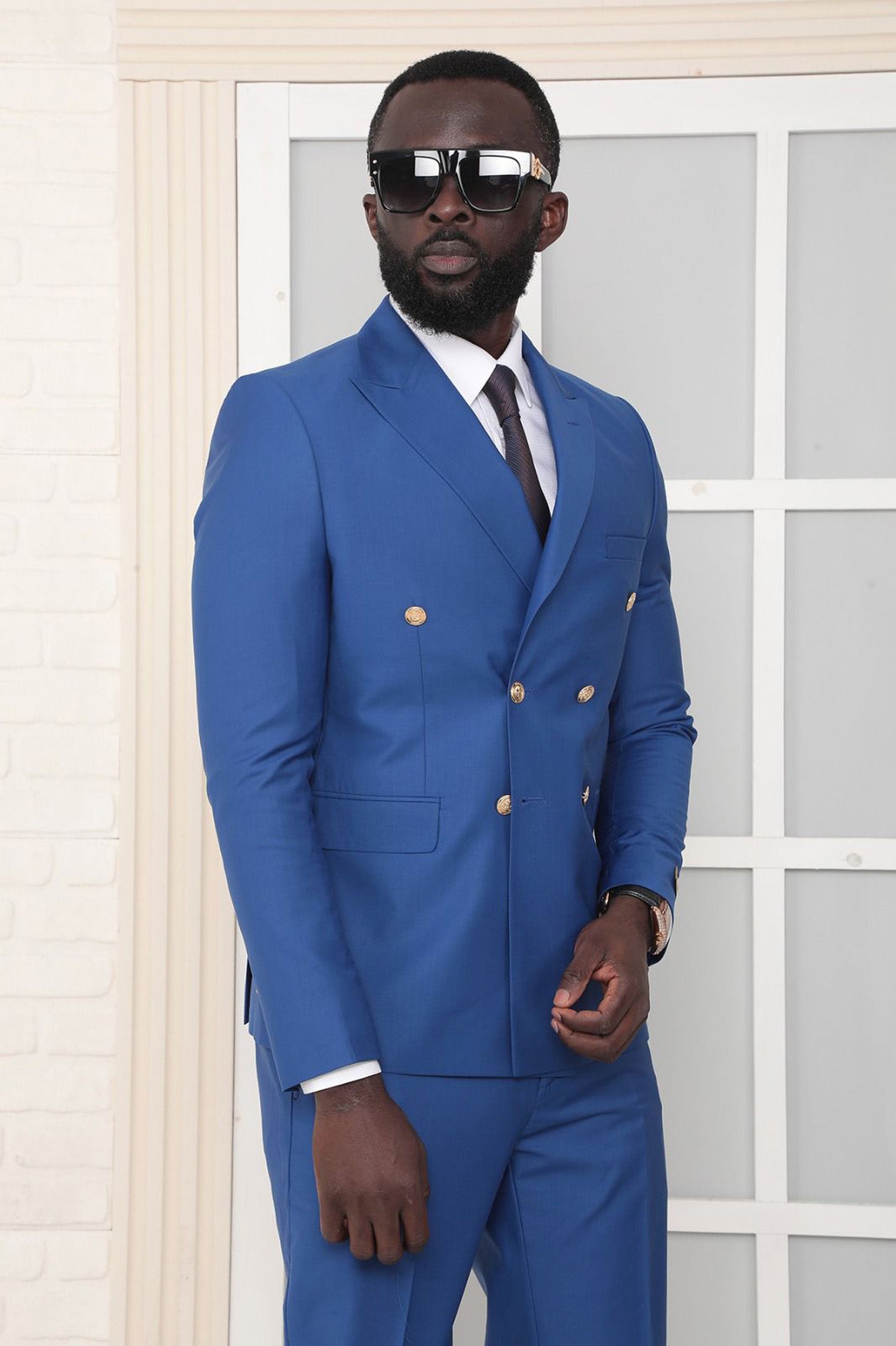 Pointed Collar Metal Button Double Slit Slim Fit Plain Brown Double Breasted Men's Suit