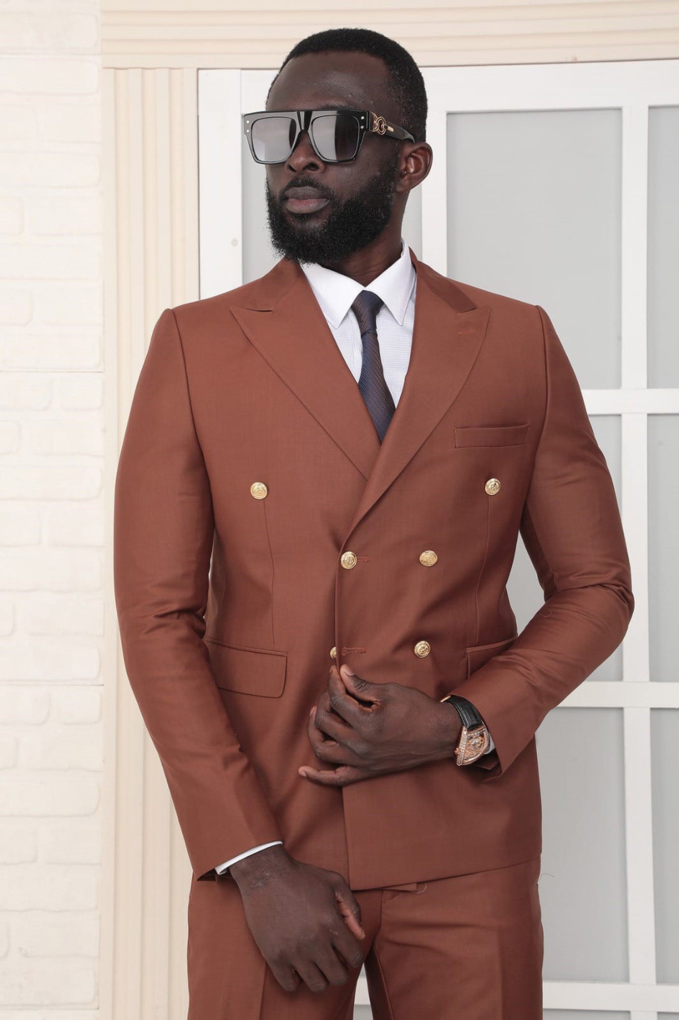 Metal Button Slim Fit Plain Purple Two Pieces Double Breasted Men's Suit