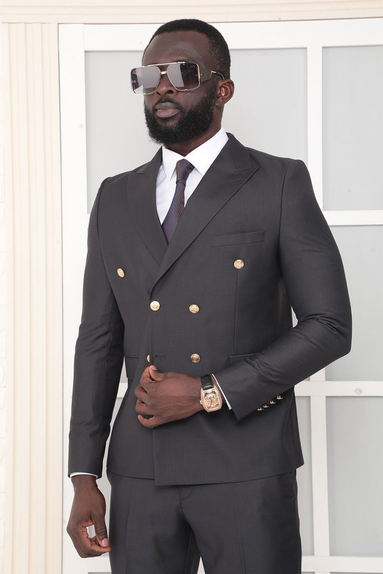 Metal Button Slim Fit Plain Purple Two Pieces Double Breasted Men's Suit