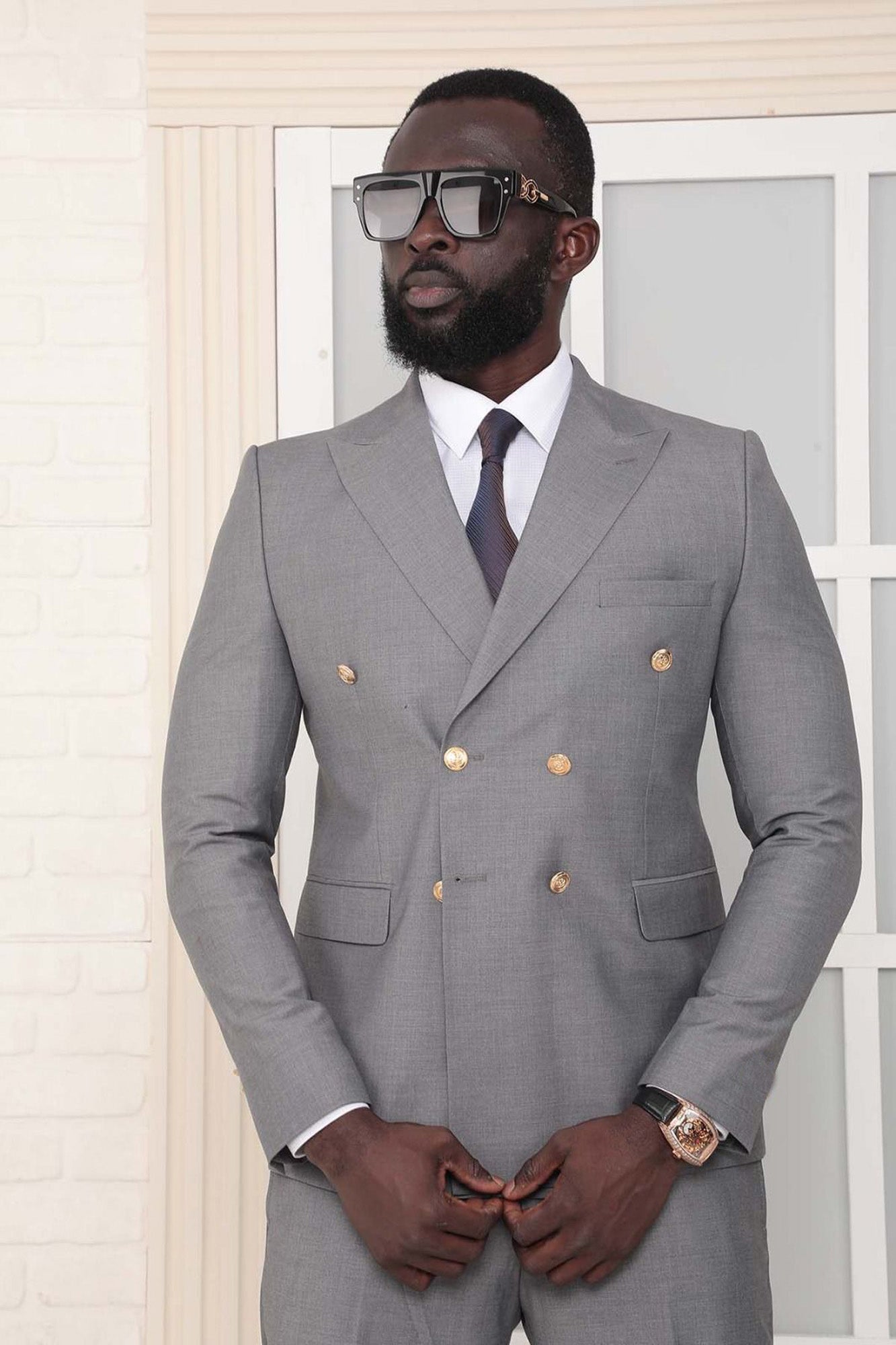 Pointed Collar Metal Button Double Slit Slim Fit Plain Brown Double Breasted Men's Suit