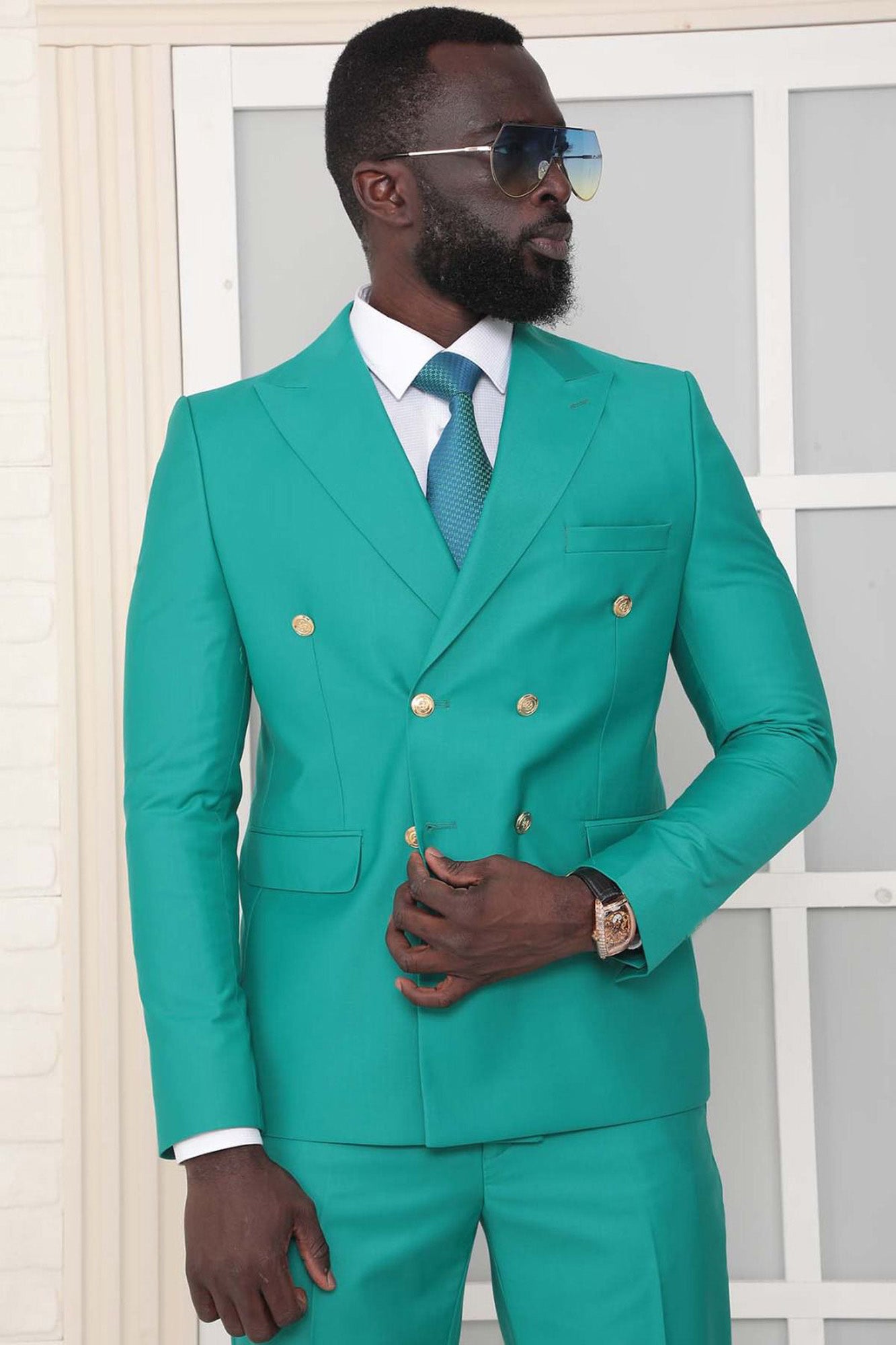 Metal Button Slim Fit Plain Purple Two Pieces Double Breasted Men's Suit