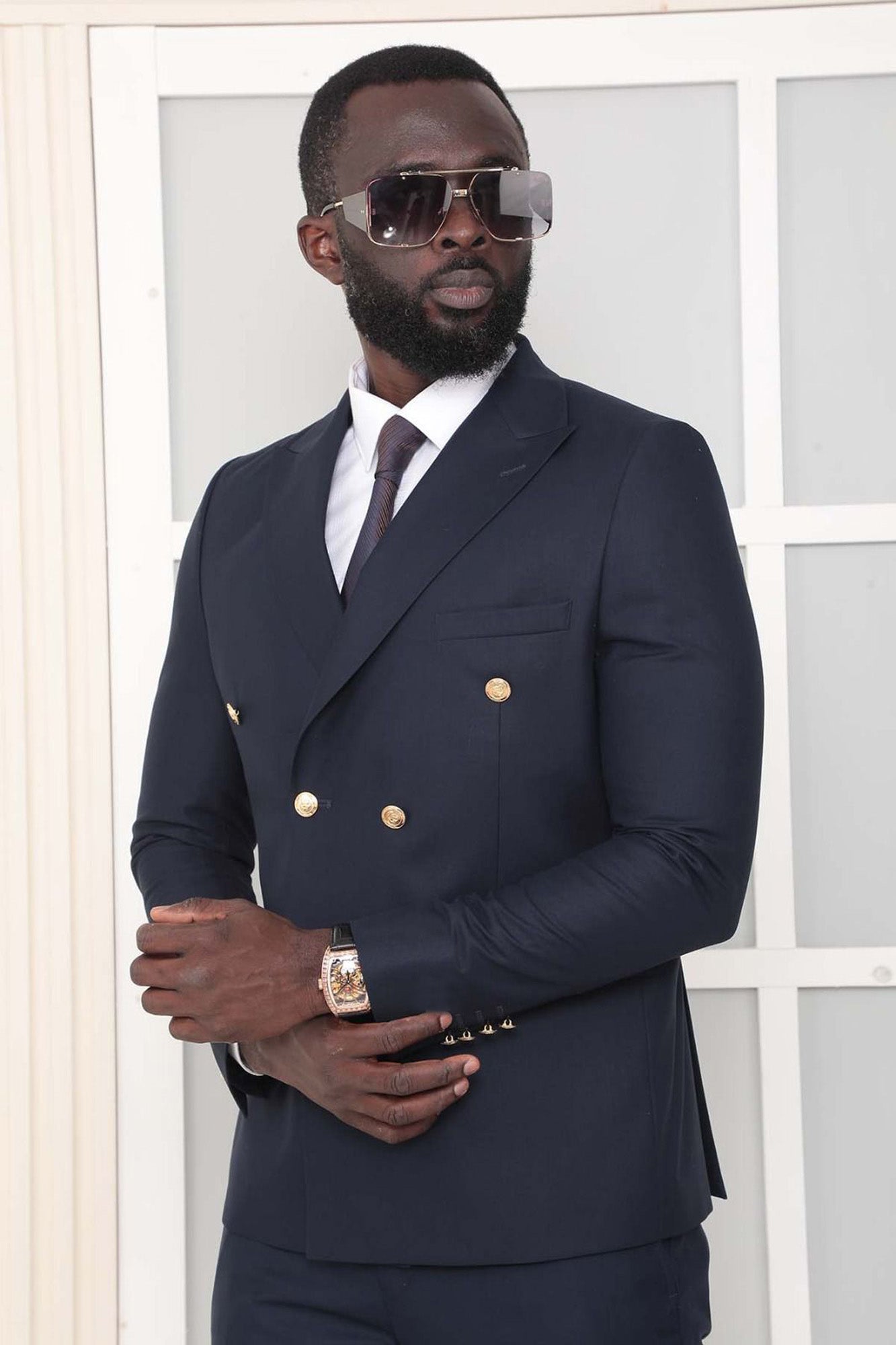 Metal Button Slim Fit Plain Purple Two Pieces Double Breasted Men's Suit