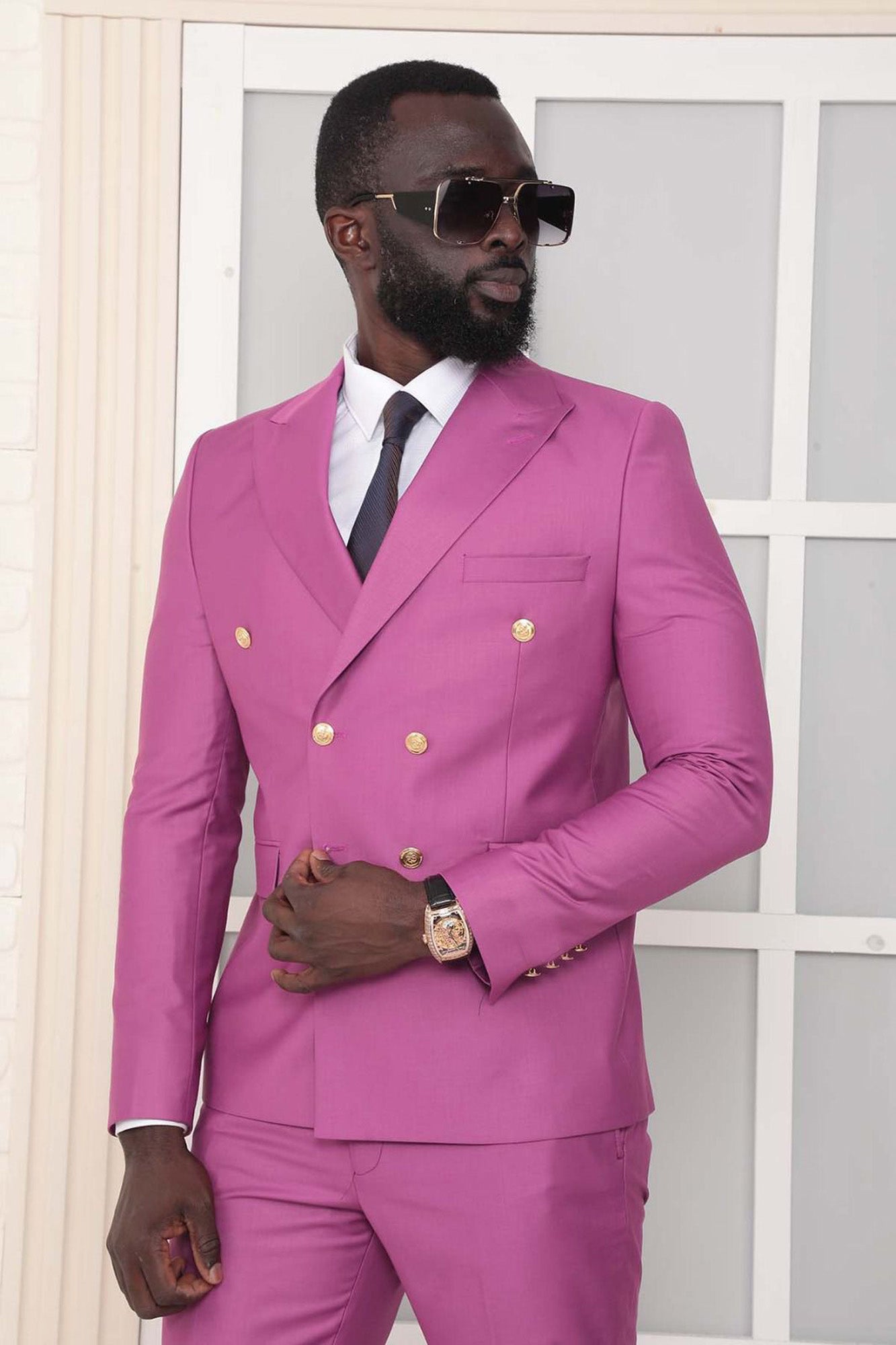 Metal Button Slim Fit Plain Purple Two Pieces Double Breasted Men's Suit