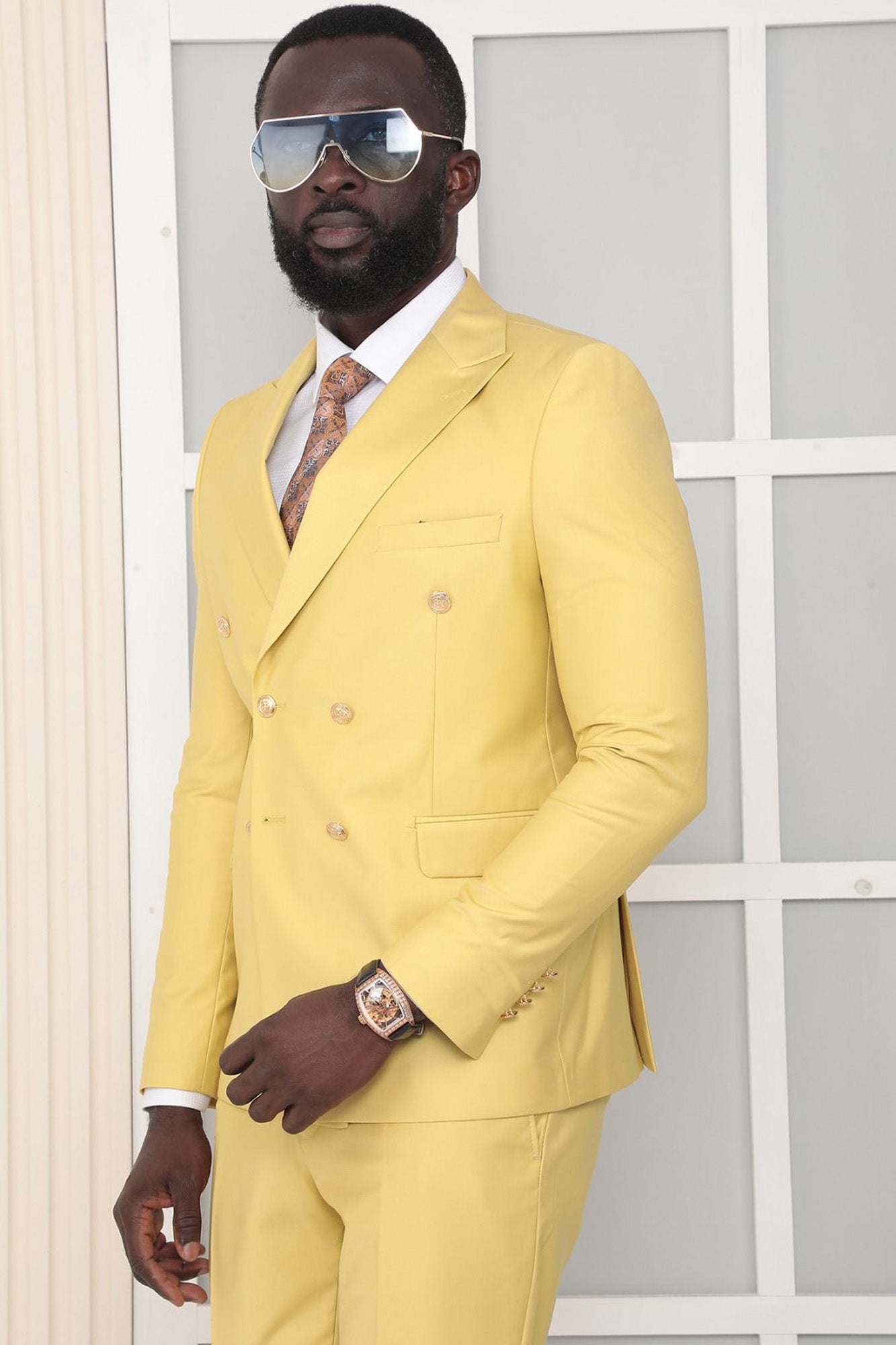 Pointed Collar Metal Button Double Slit Slim Fit Plain Brown Double Breasted Men's Suit