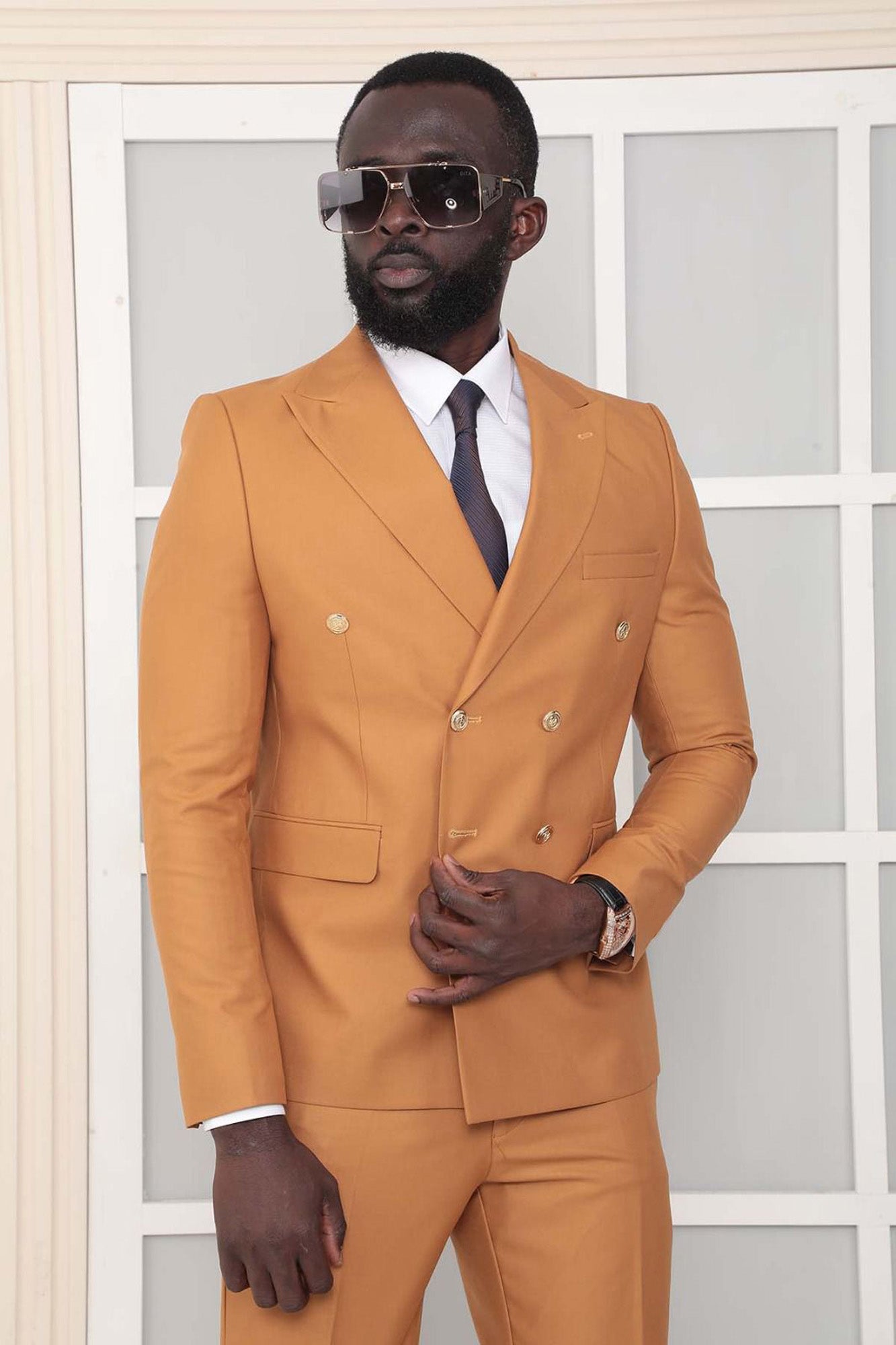 Metal Button Slim Fit Plain Purple Two Pieces Double Breasted Men's Suit