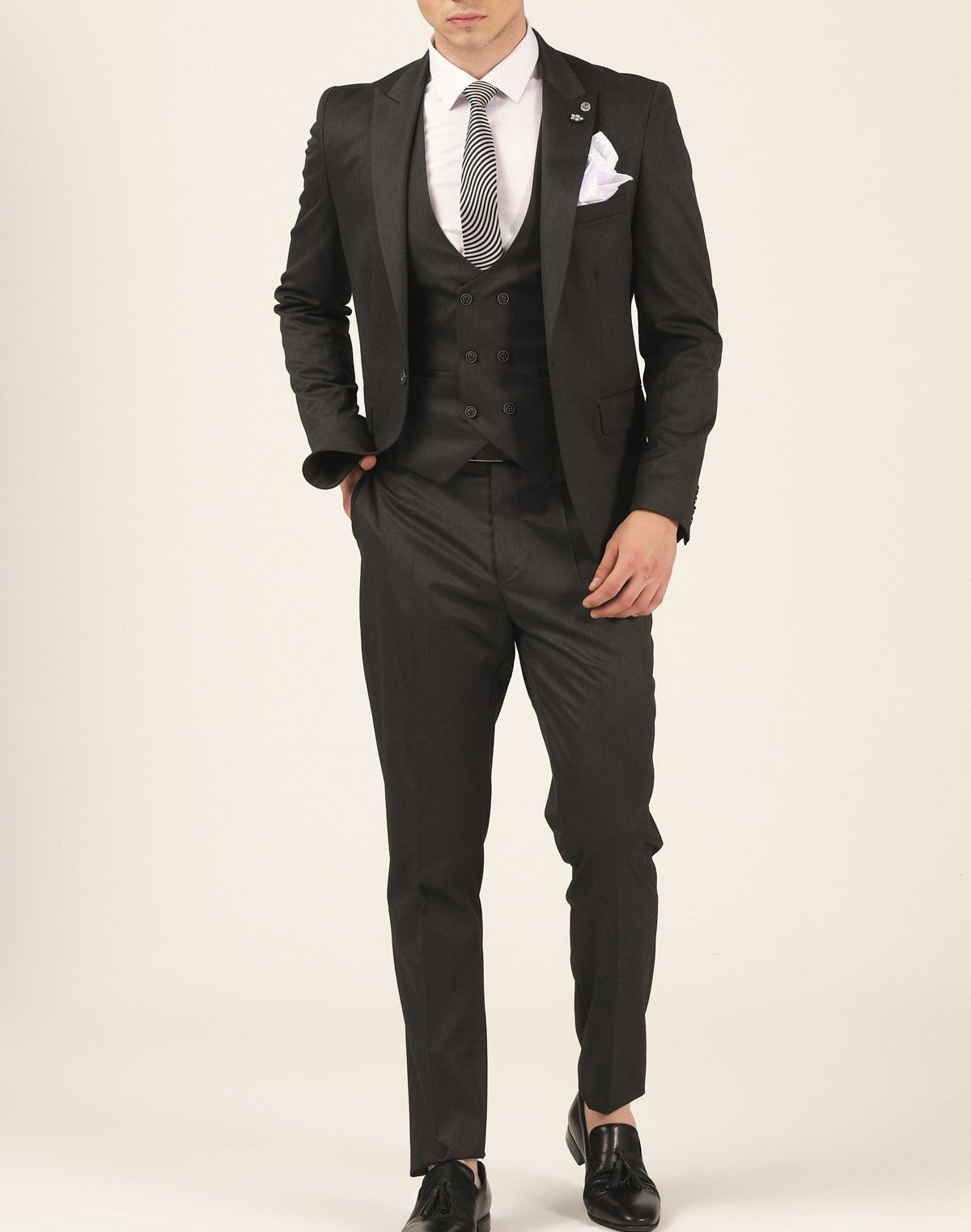 Three Pieces Notch Collar Slim Fit Plain Black Men's Suit