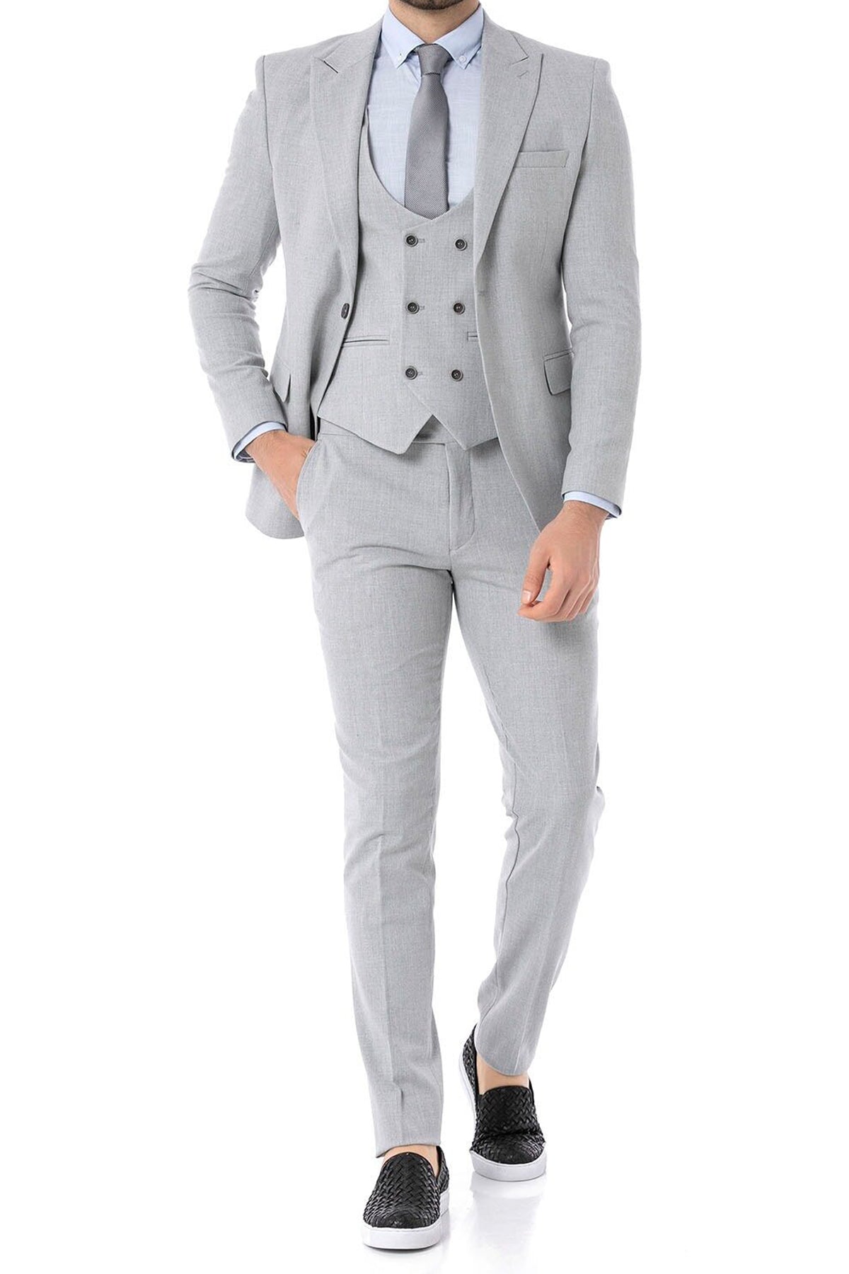 Three Pieces Notch Collar Slim Fit Plain Black Men's Suit